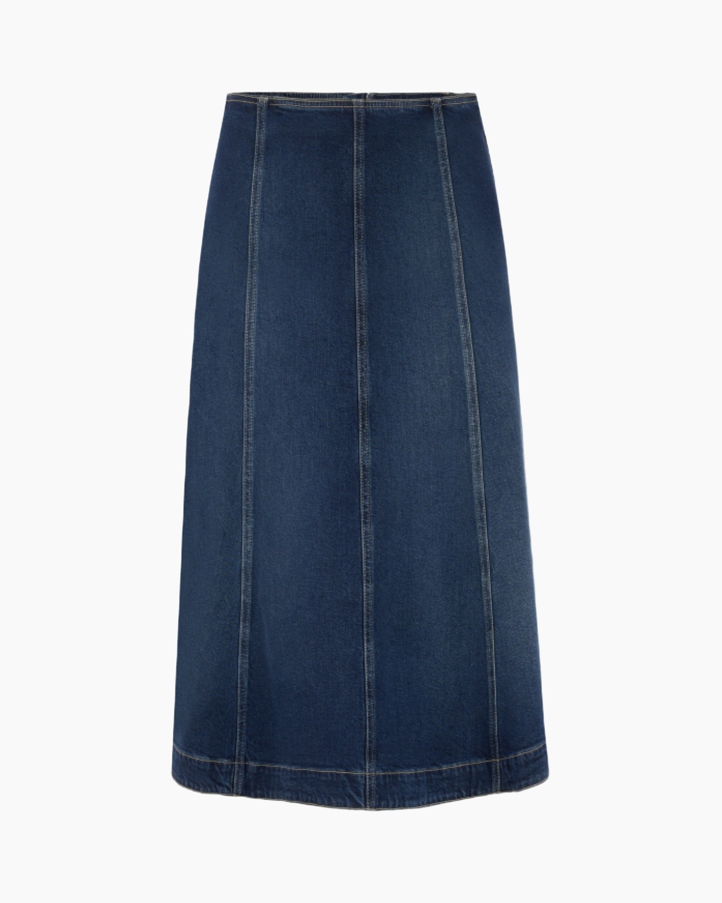 denim, rok, lang, jeans-stof, paneelvoering