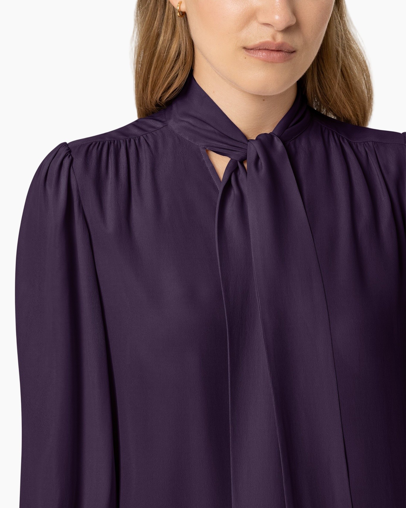 paars blouse, lange mouw, knoopsluiting kraag, pofmouw, effen kleur