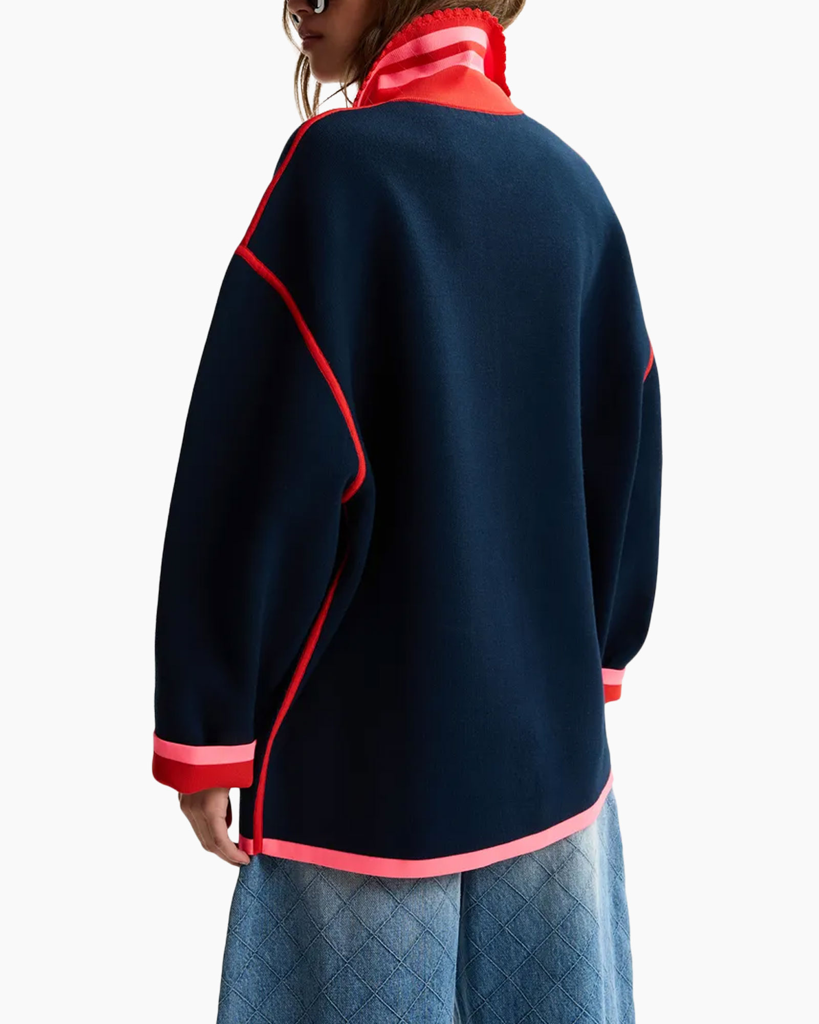blaujasje, contrasterende piping, rode rand, lange mouwen, katoenmix