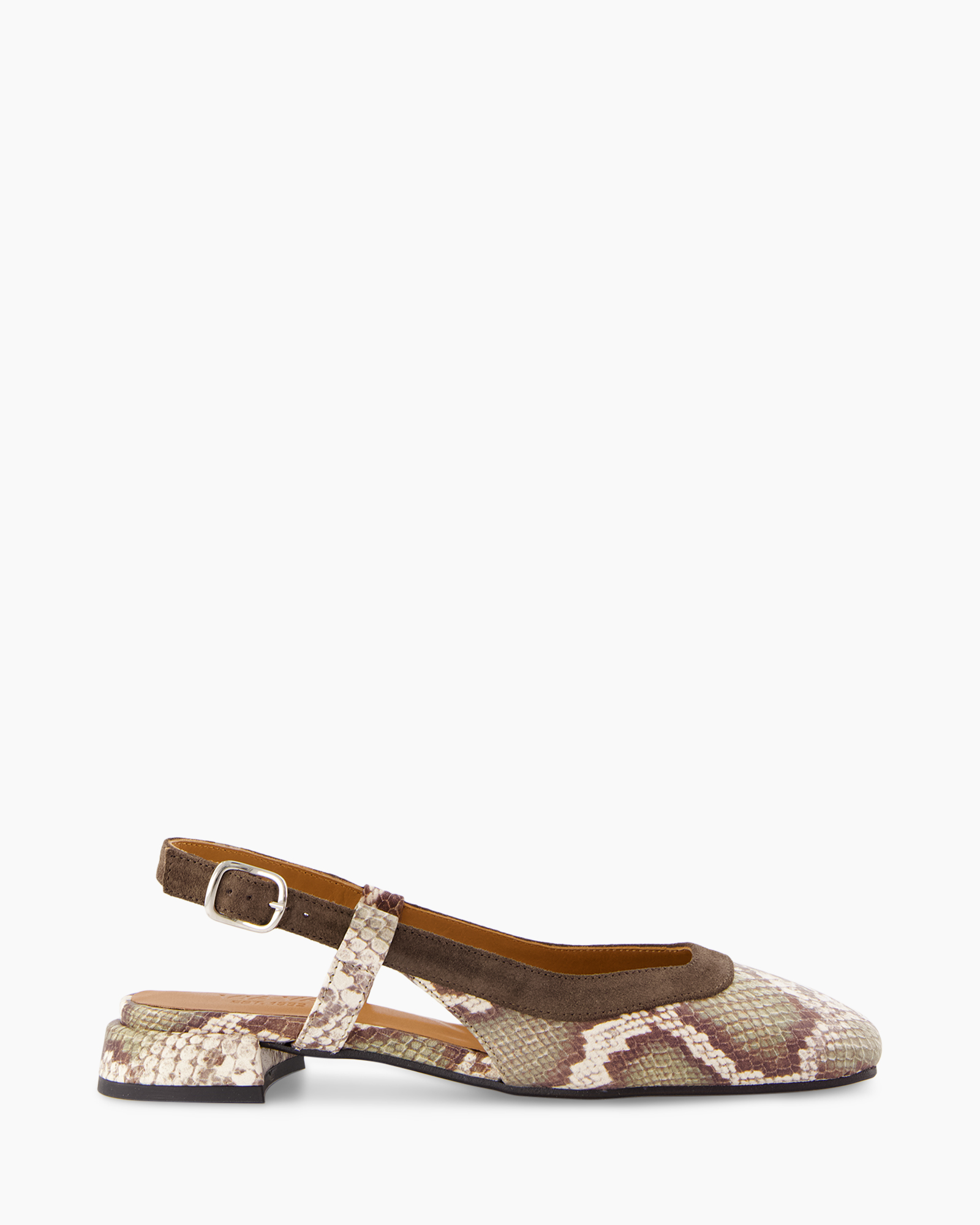 pumps, hak, flat, slangenprint, band