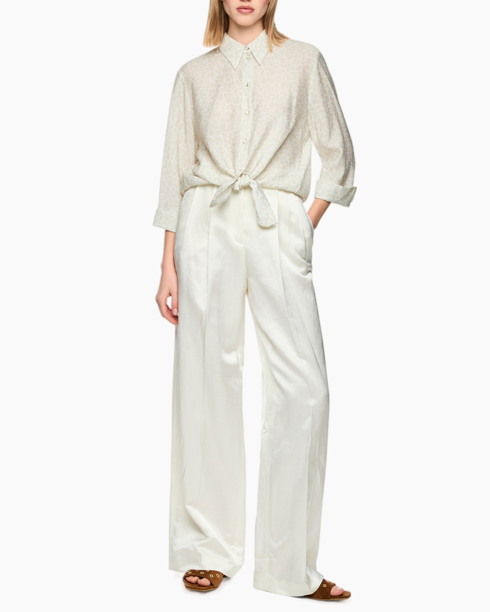 blouse, voorbindingstrik, lange mouwen, beige, patroon