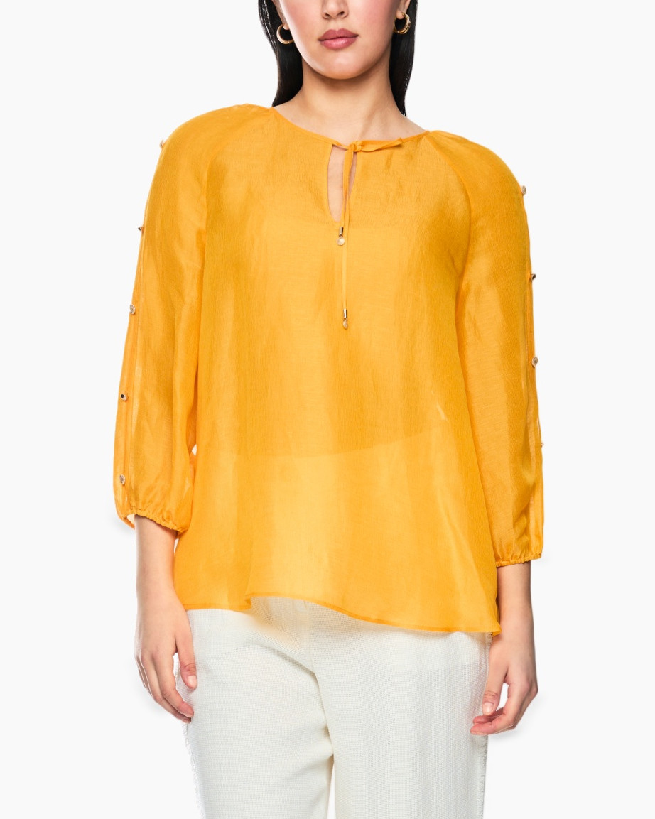 oranje, blouse, lange mouwen, knoopdetails, knoopjes