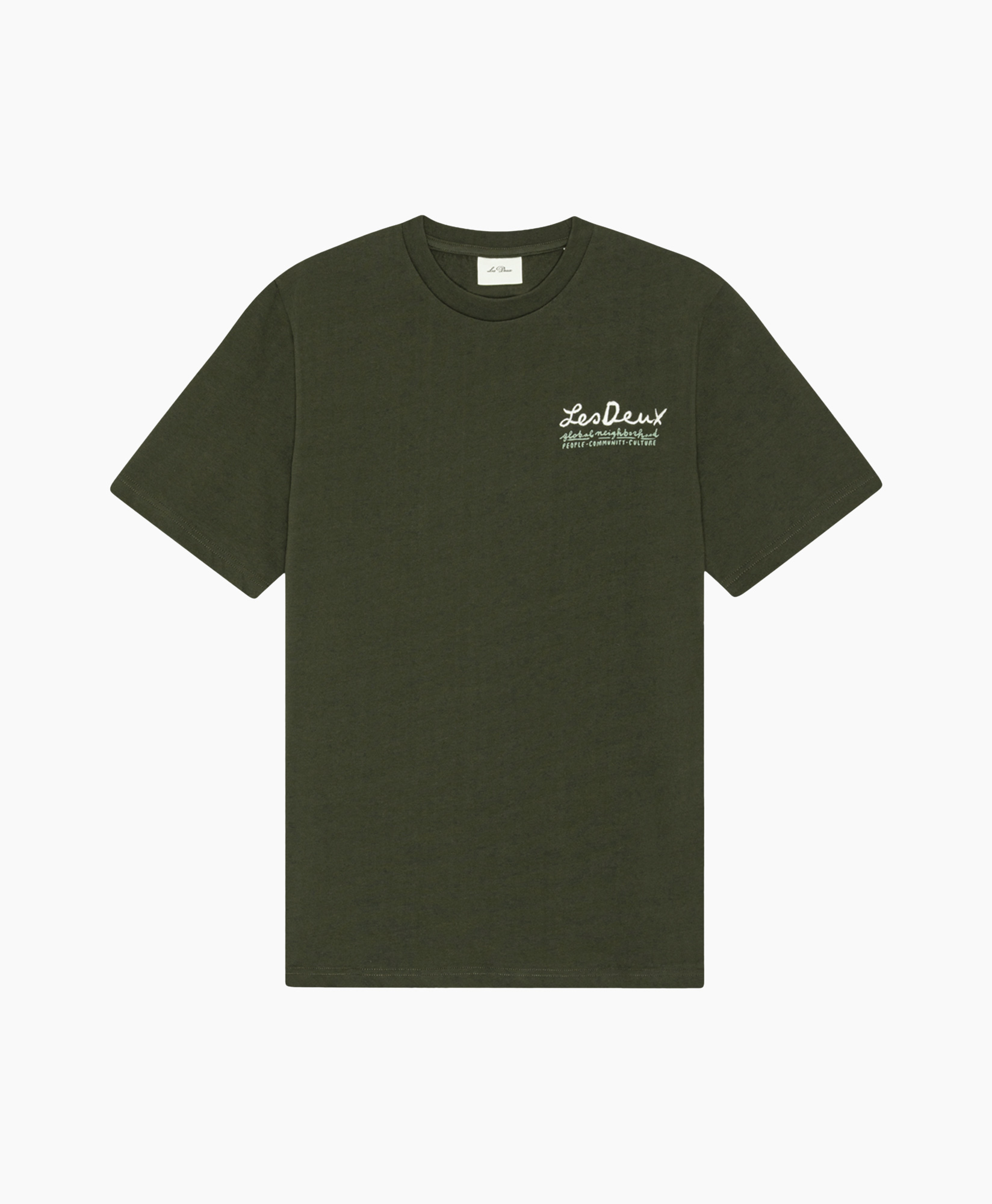 t-shirt, korte mouwen, olijf, kraagloze ronde hals, logo op borst