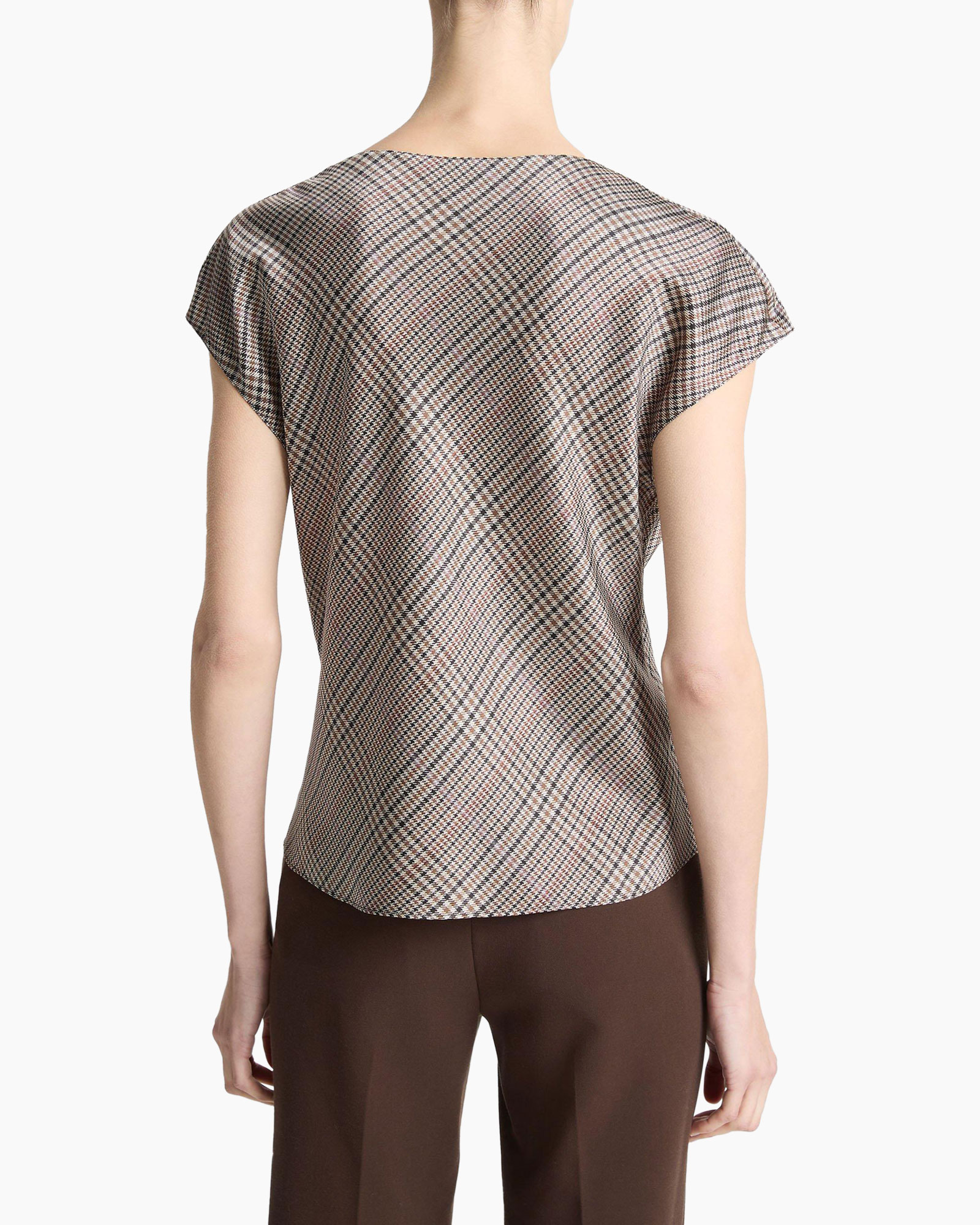 Blouse Pressed Plaid Cowl Nk Cap Slv Beige