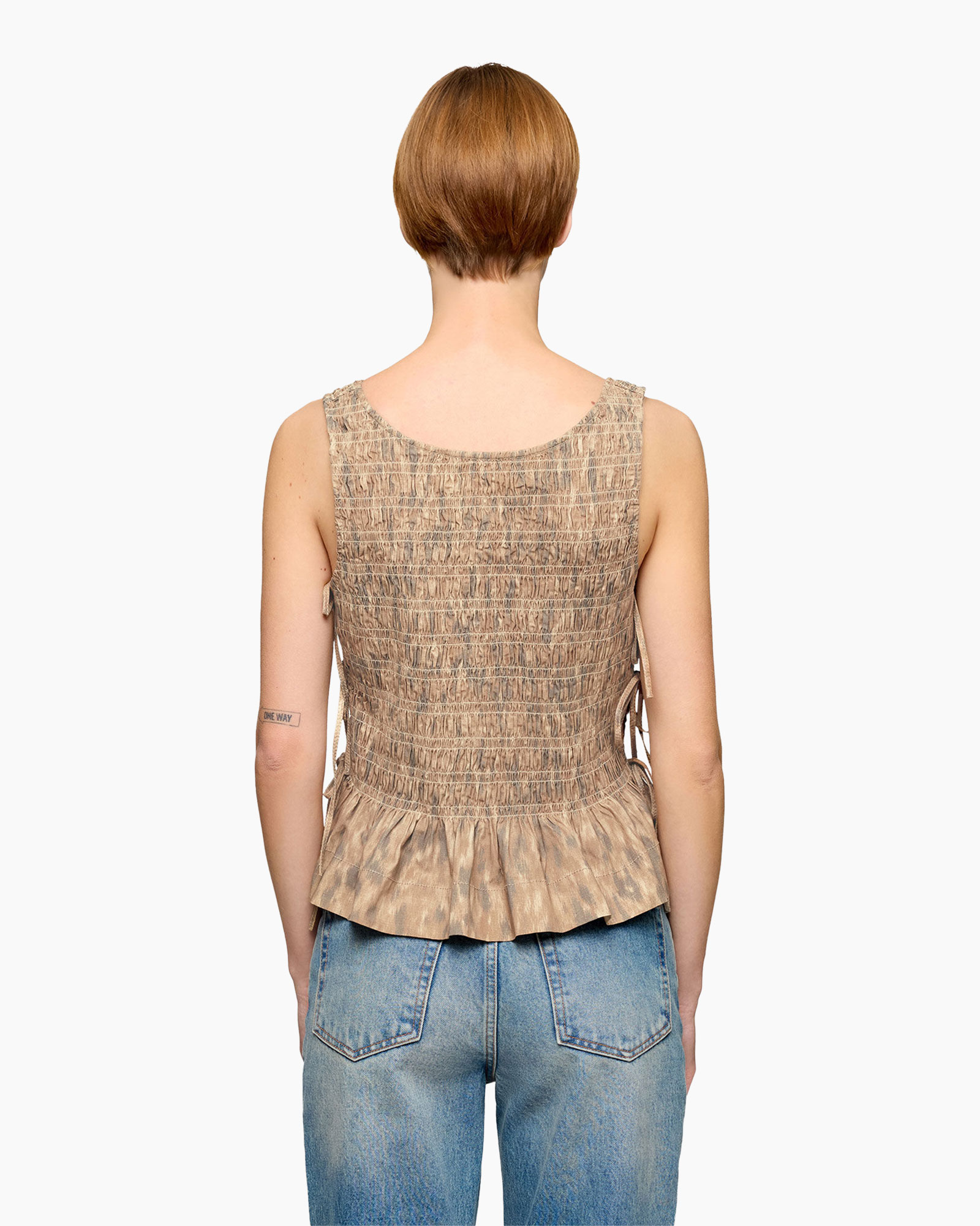 tanktop, mouwloos, smocked,  ruching, tie-side