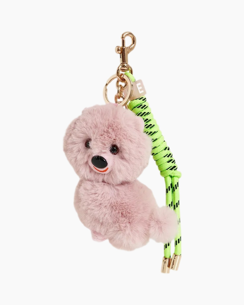 roze pluche hond, sleutelhanger, pompon, neon touw, metaall lour