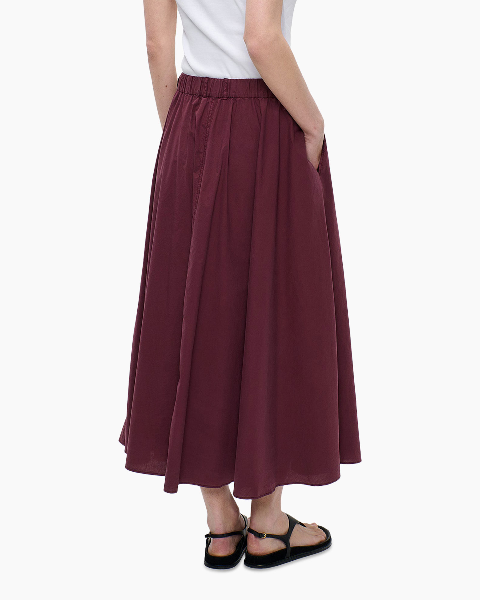 rok, maxi, burgundy, elastische taille, geplooid