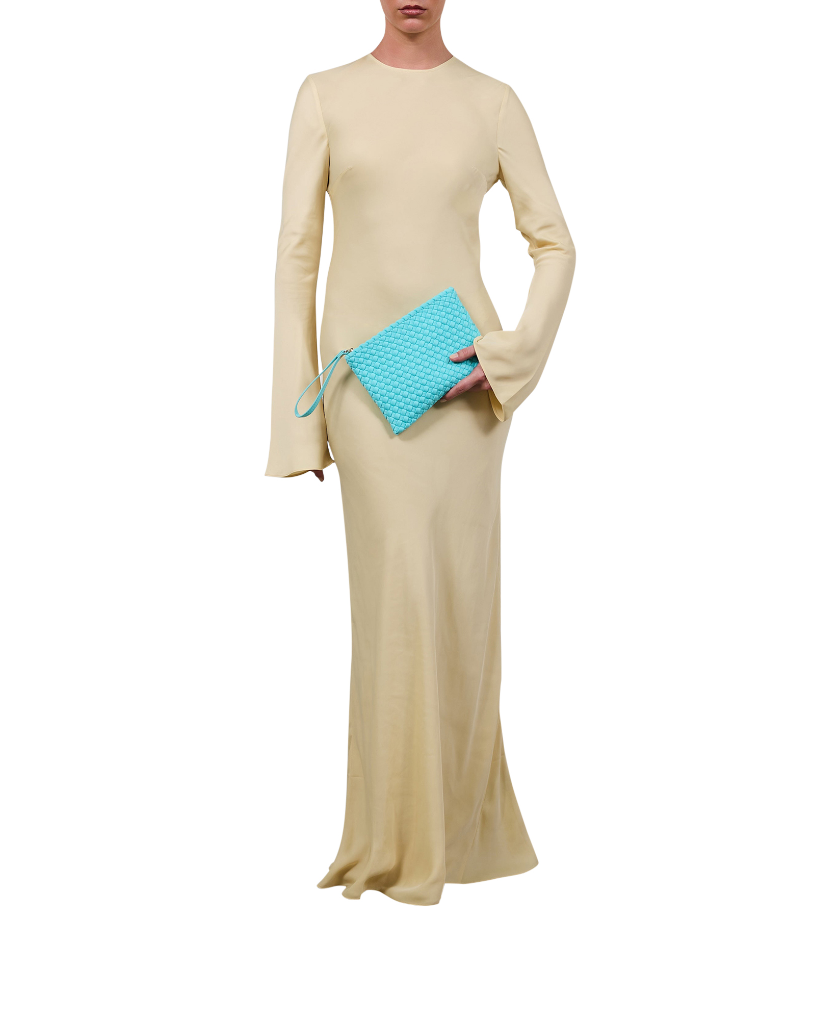 jurk, lange mouwen, beige, landelijng, clutch