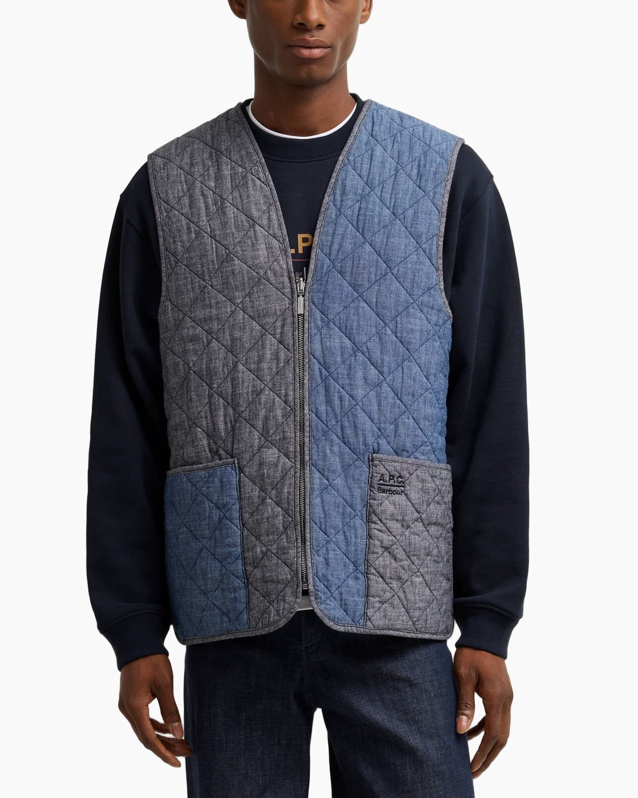 Gewatteerd vest, Denim, Tweekleurig, Ruitpatroon, Ritssluiting