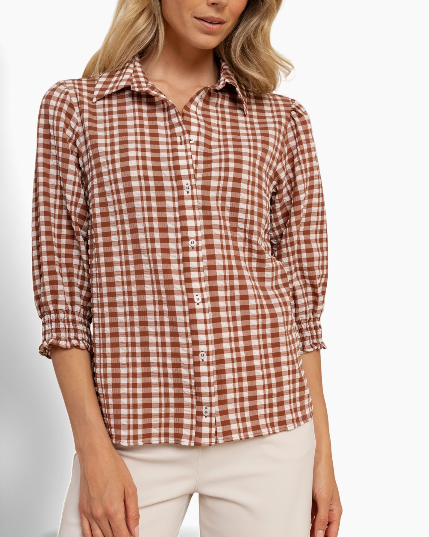geruite blouse, gingham, knopen overhemd, lange mouwen, kraaghemd