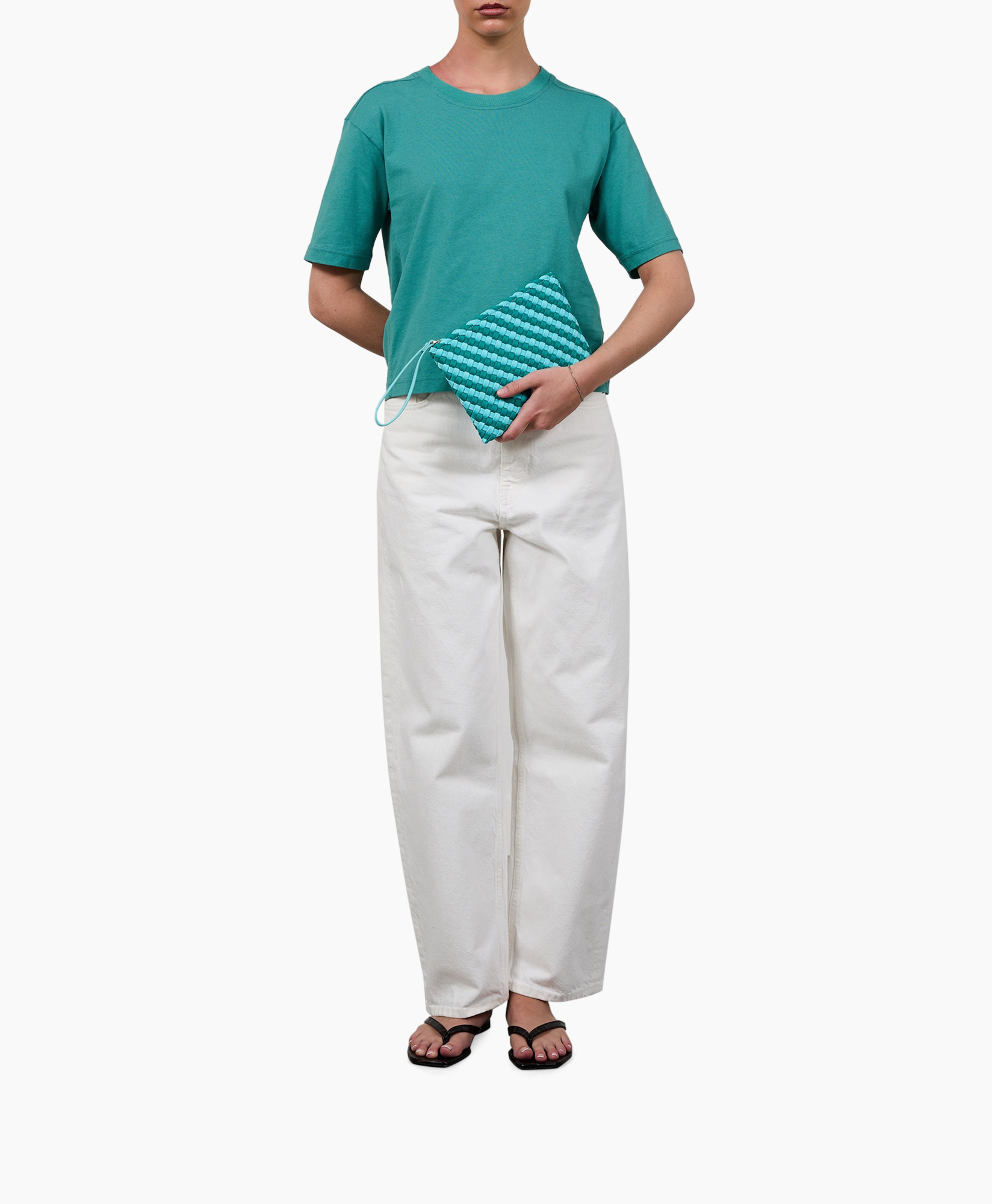 clutch, gewoven, turkoois, schoudertasje, riem