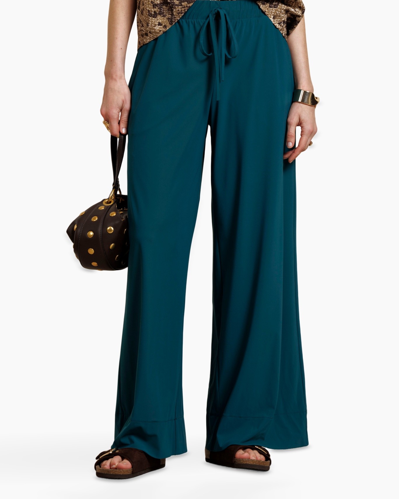 broek, wijdedelige, teal/kleur teal, palazzo, trekkoord