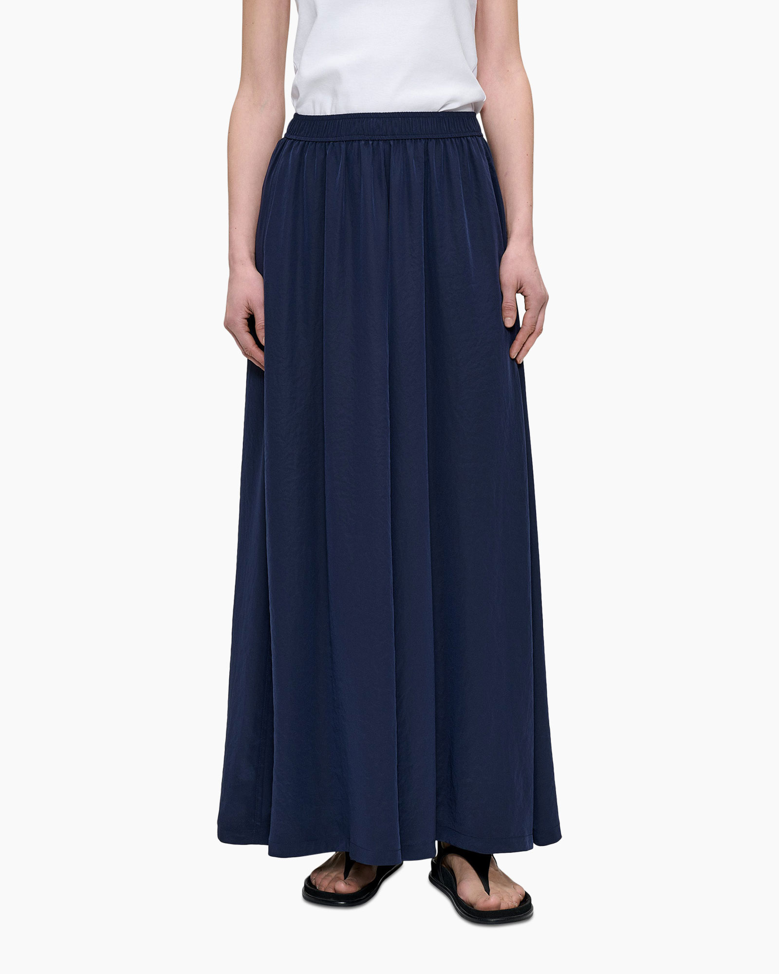 maxi rok, donkerblauw, elastische tailleband, midi/ankelang? actually ankle length, effen kleur