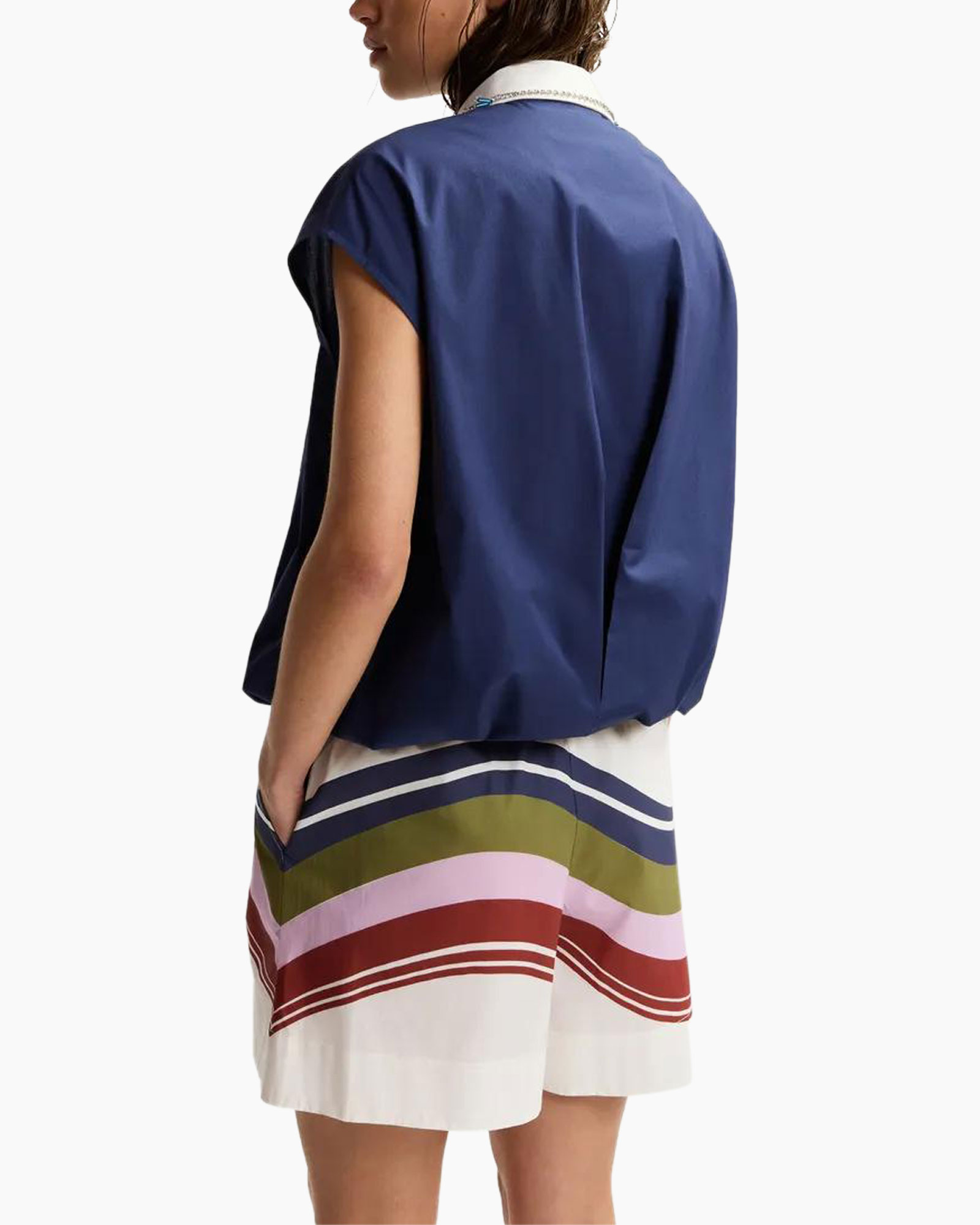blouse marine, hemd met kraag, korte mouwen, kralen kraag, multicolor short