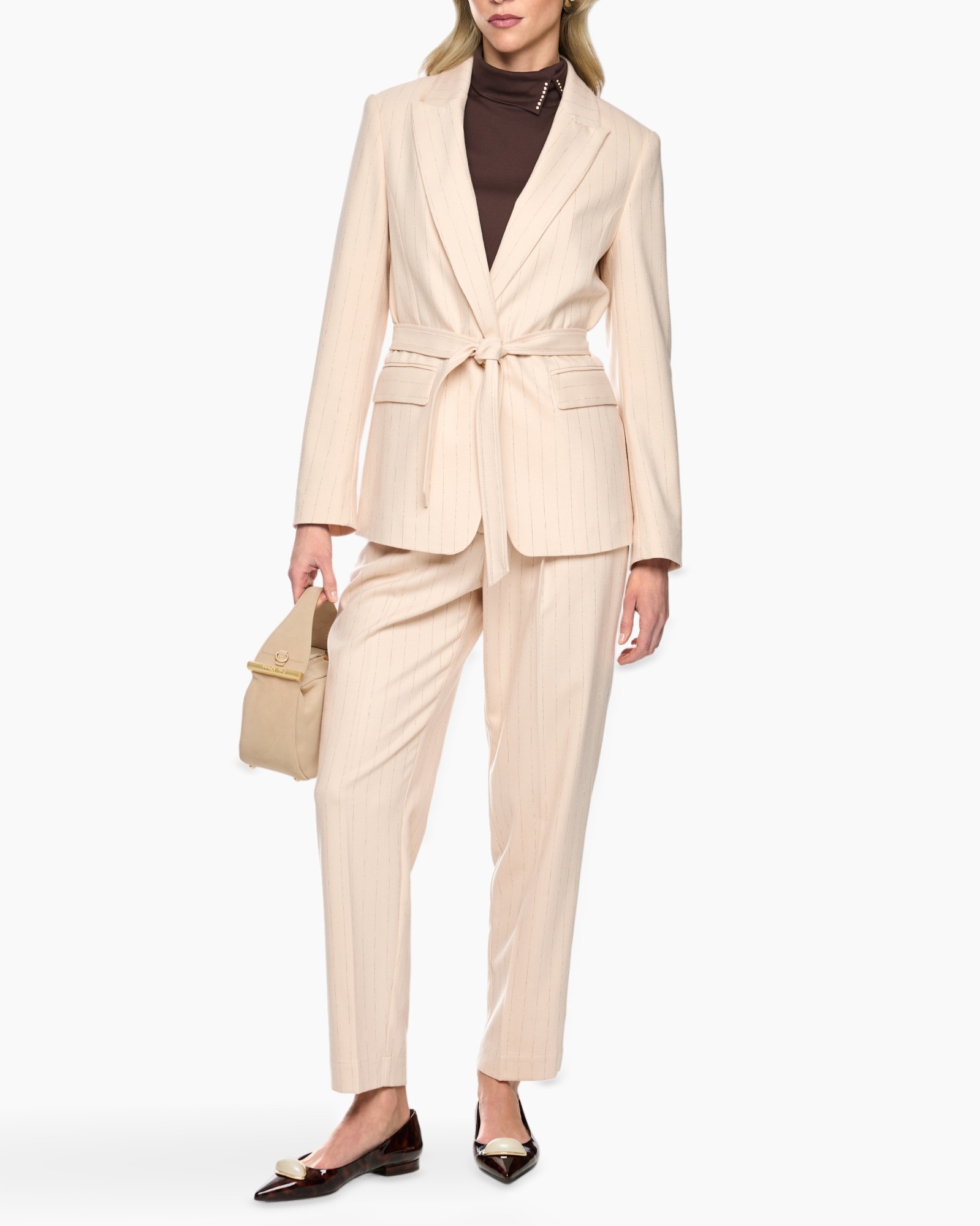 blazer, pantalonpak, beige, streep, gordel