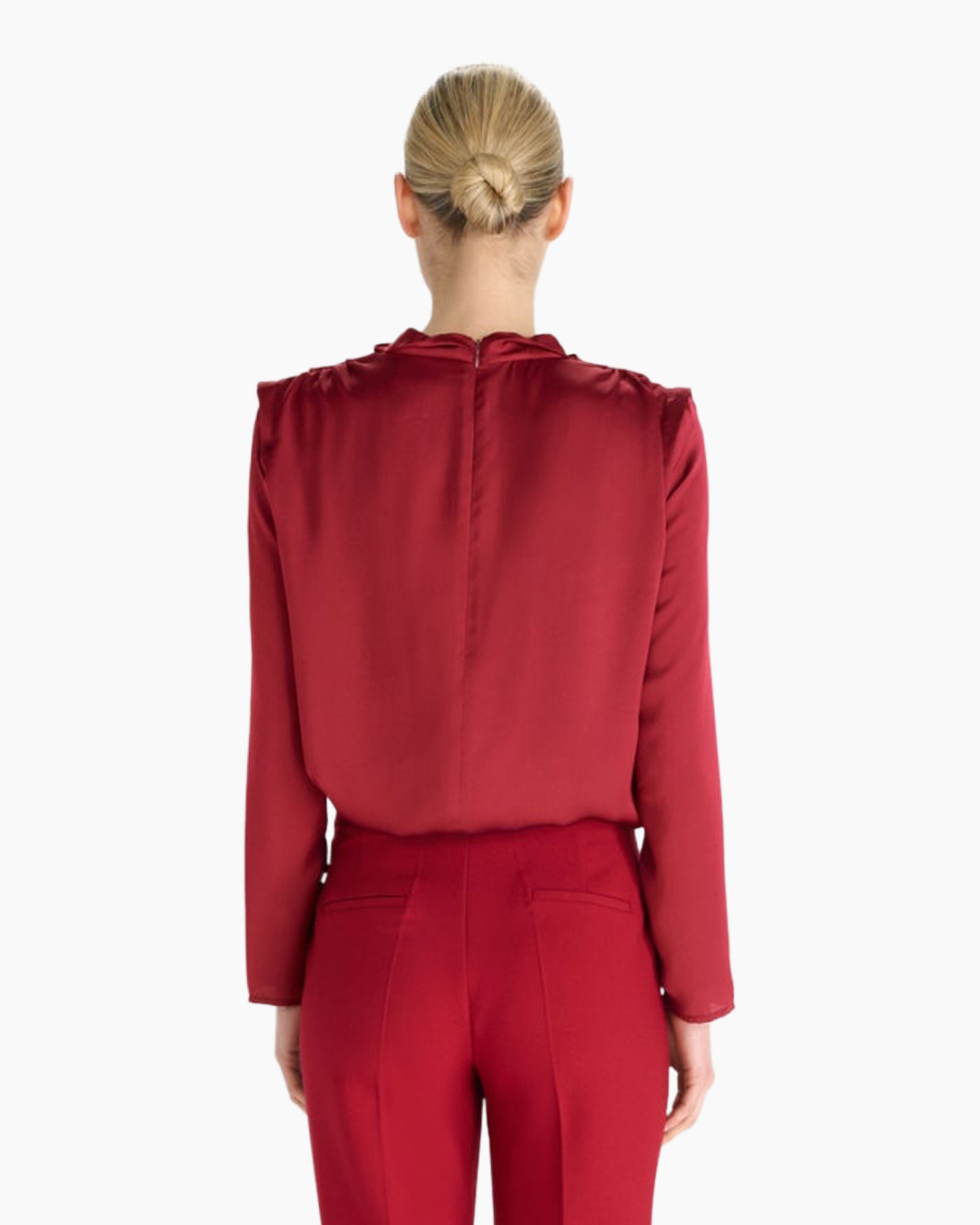 top, blouse, satin, rood, broek