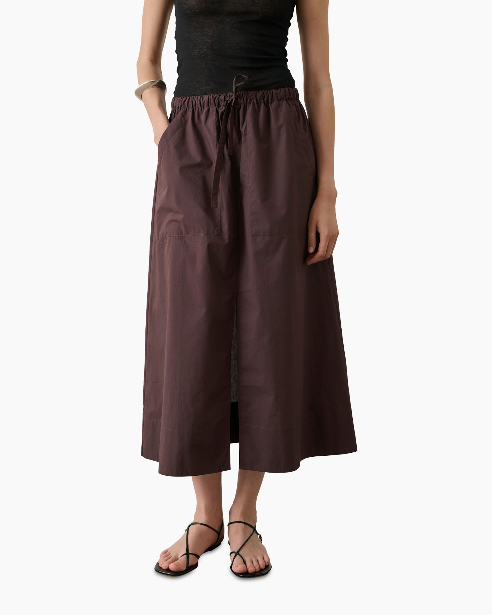 rok, maxi rok, trekkoord taille, bruin, linnenlook