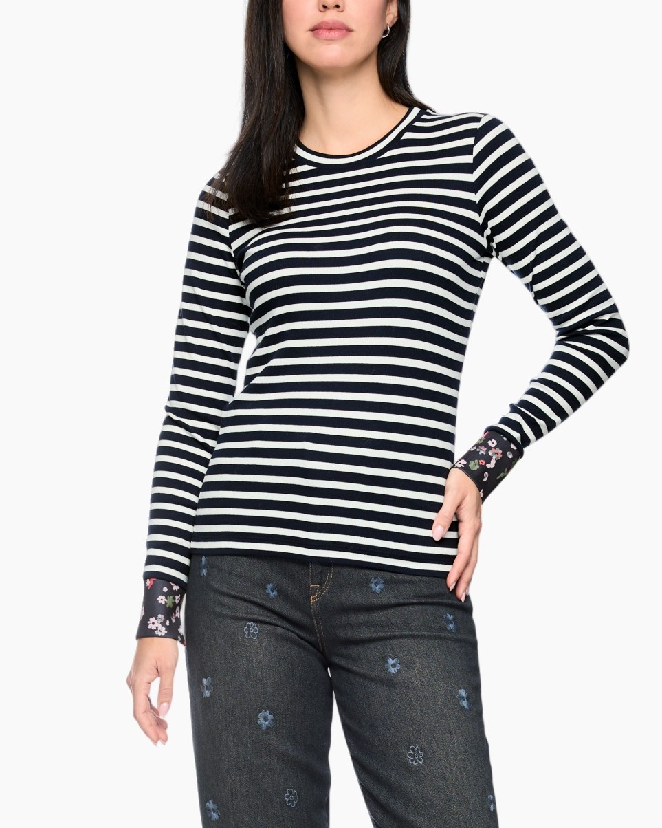 geverfde, langemouwig, navy-wit, rond hals, casual breisel