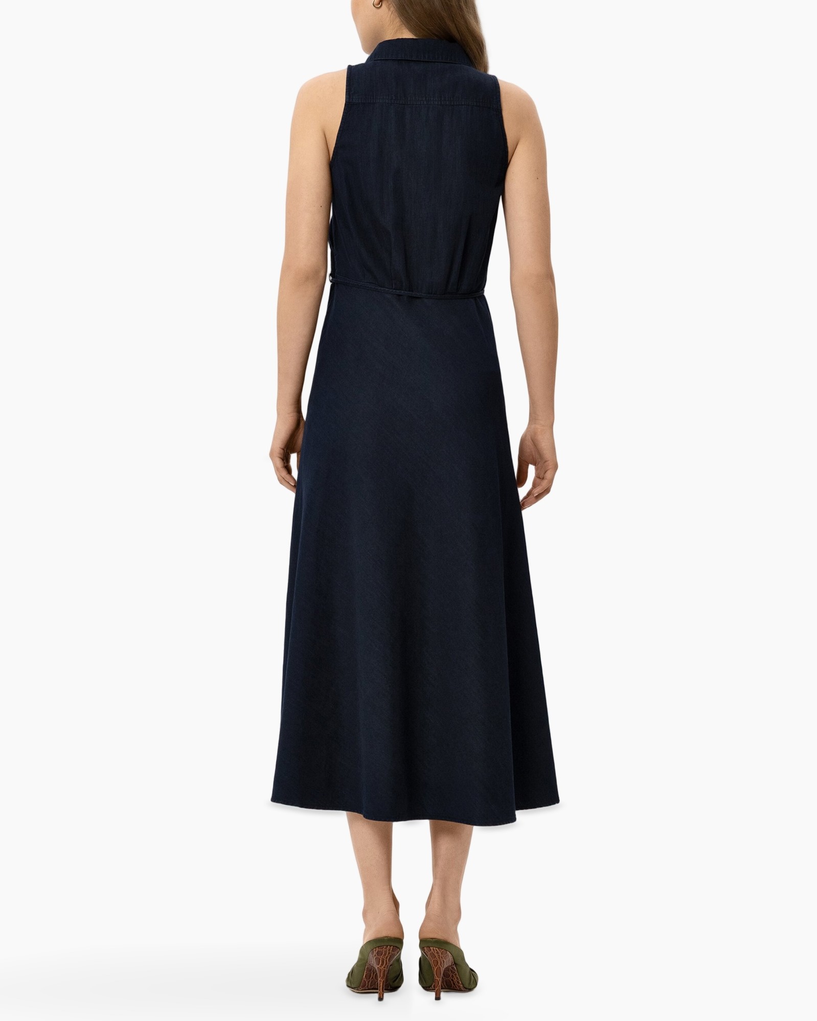 navy jurk, mouwloos, kraag, wrap-riem, midi lengte