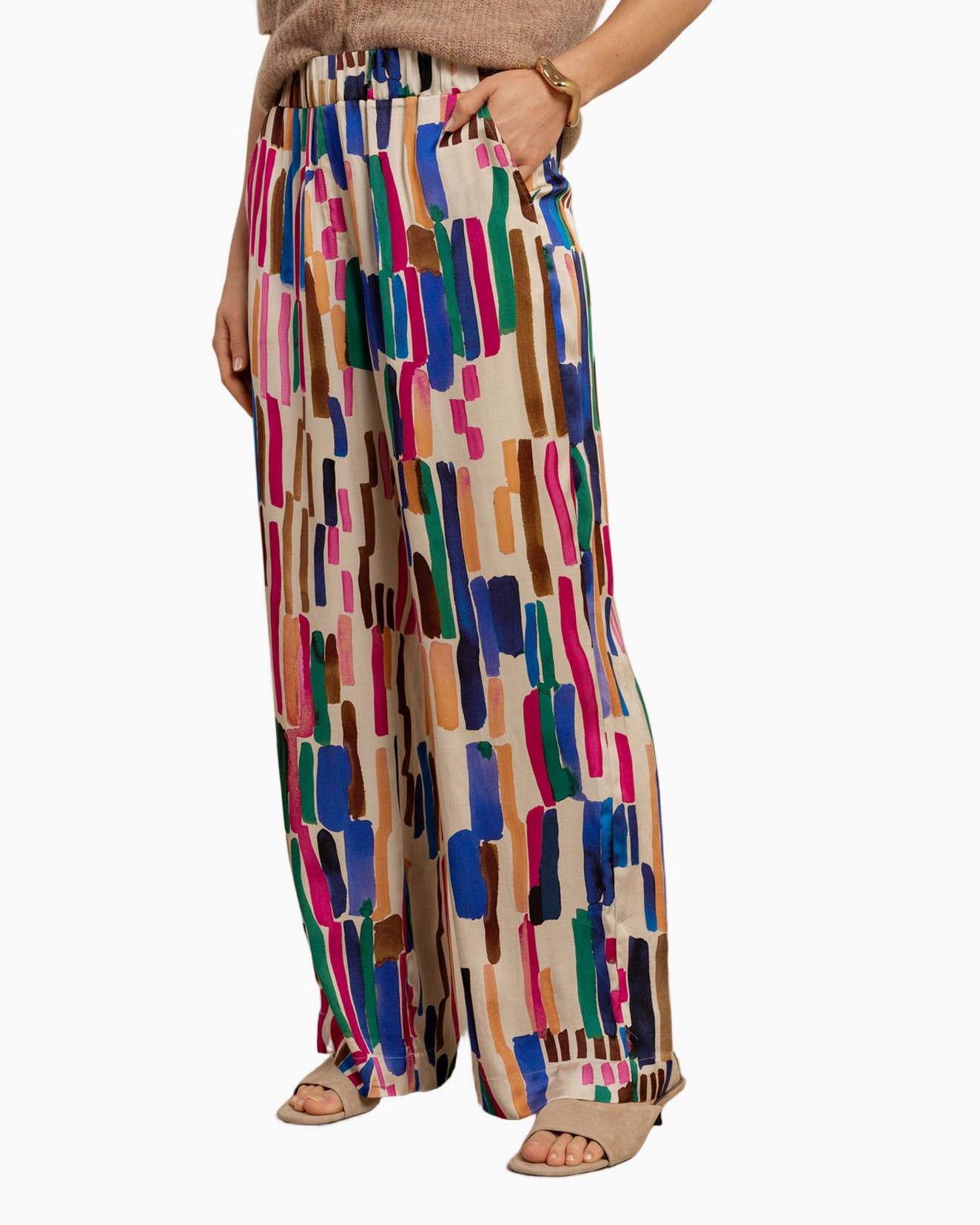 wide-leg pants, abstract print, multicolor, beige base, elastic waistband