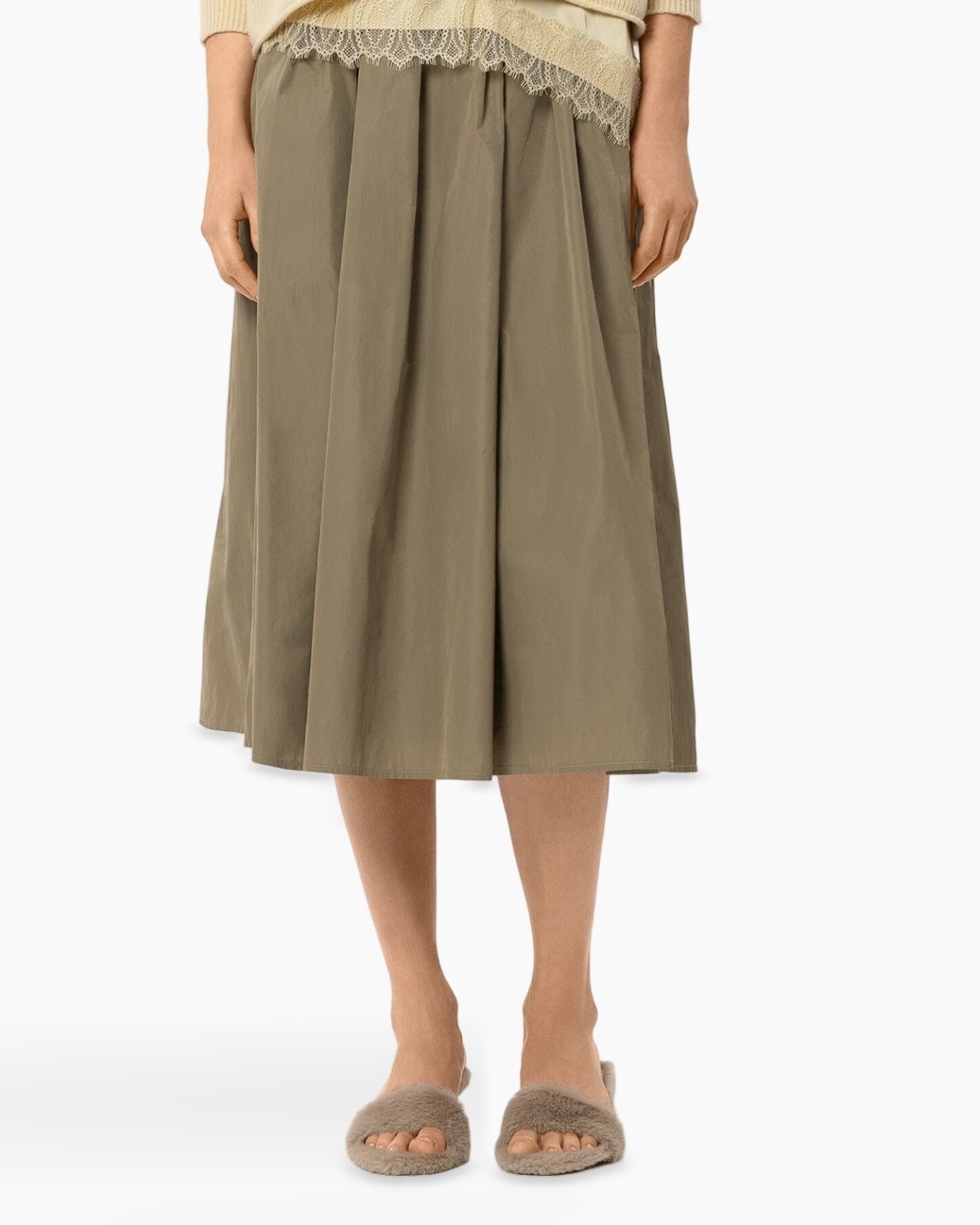 rok, middellange, khaki, plooien, linnen-achtig, rok, midi, olijf, plooien, tailleband