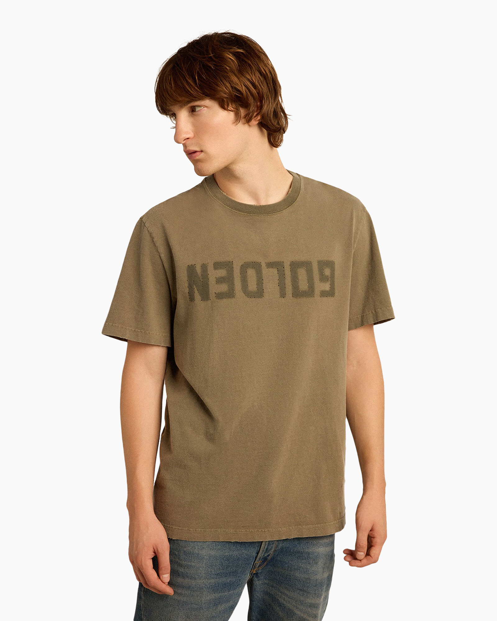 t-shirt, korte mouw, kraagloze ronde hals, olijfgroen, grafische print