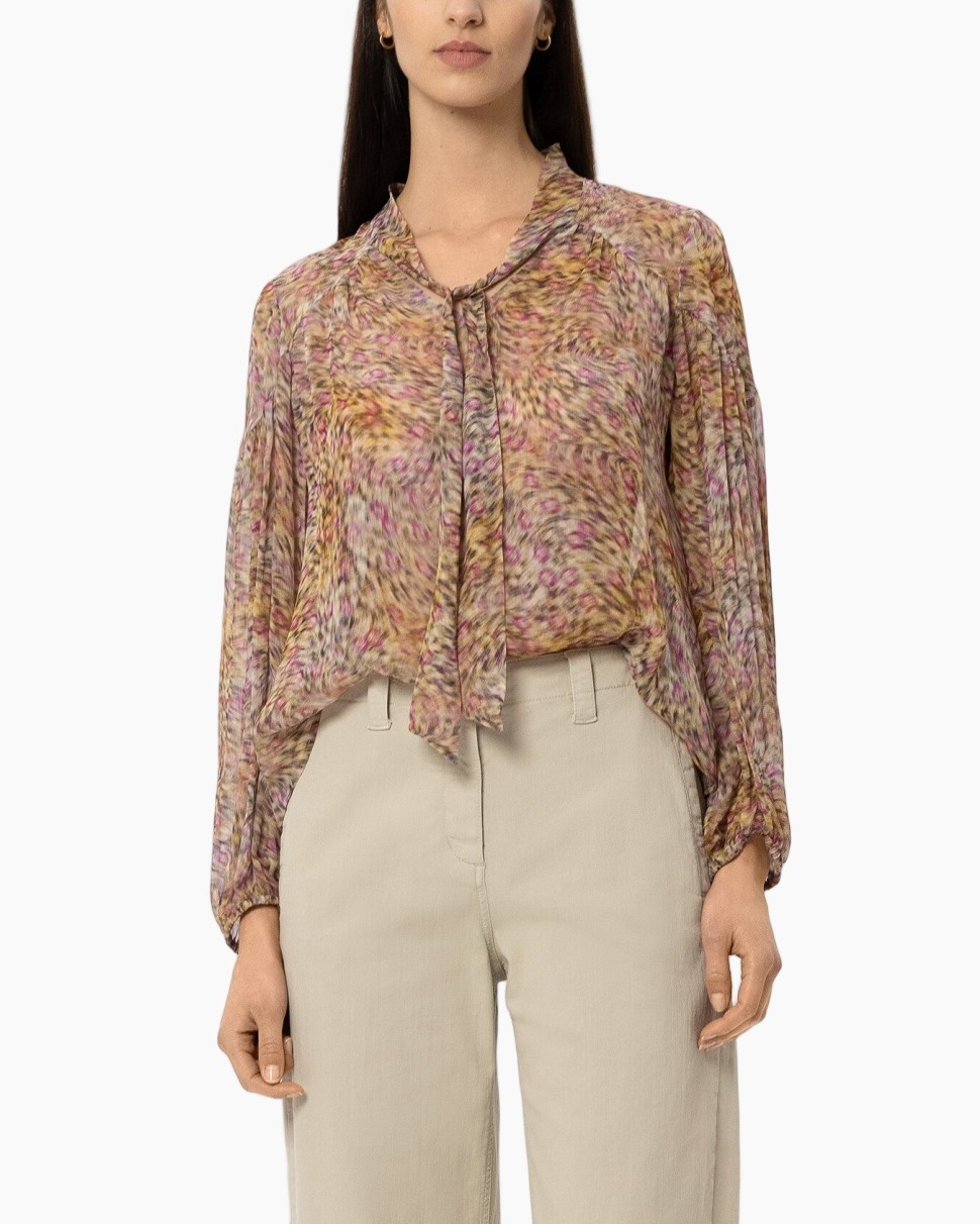 blouse, patroon ikat, lange mouwen, doorschijnend, striksluiting