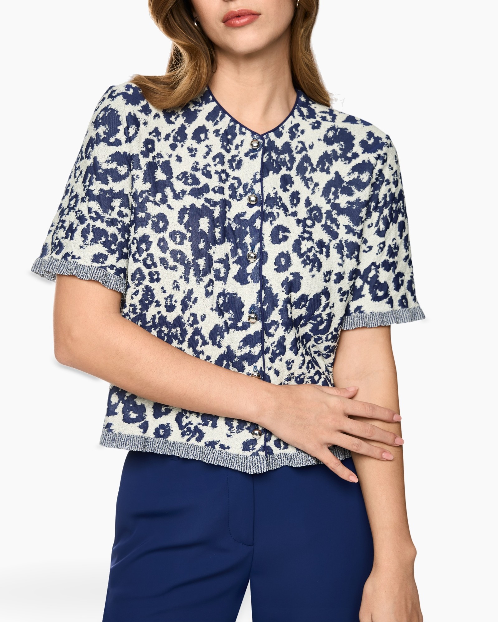 leeuwer print, cardigan, korte mouwen, knopen voor, blauw wit