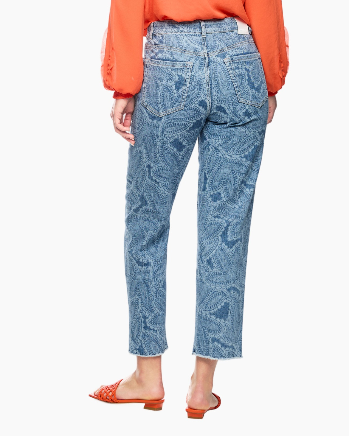 broek van denim, paisley patroon, lichtblauw, middelhoge taille, korte lengte