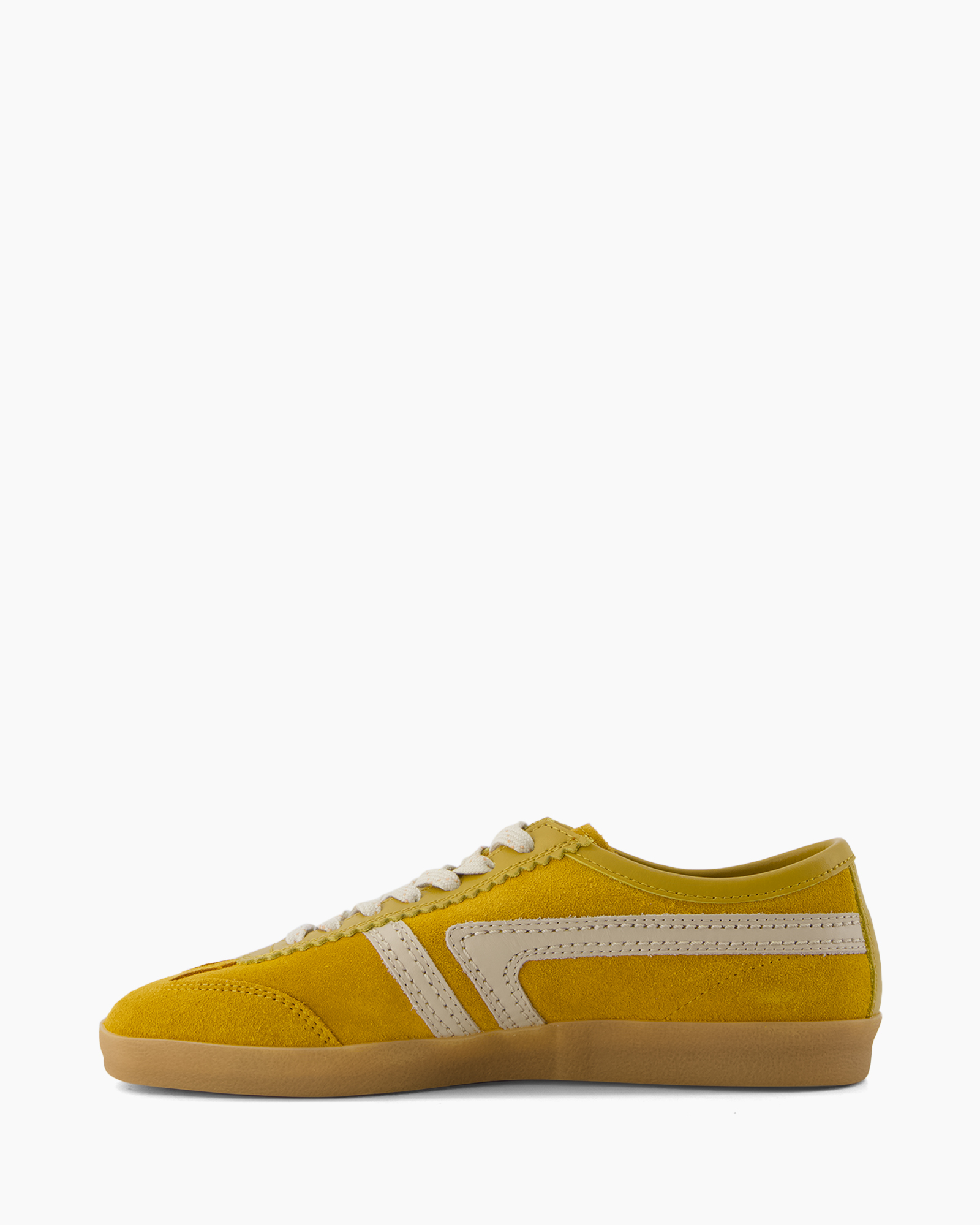 yellow sneaker, suede, low-cut, gum sole, lace-up