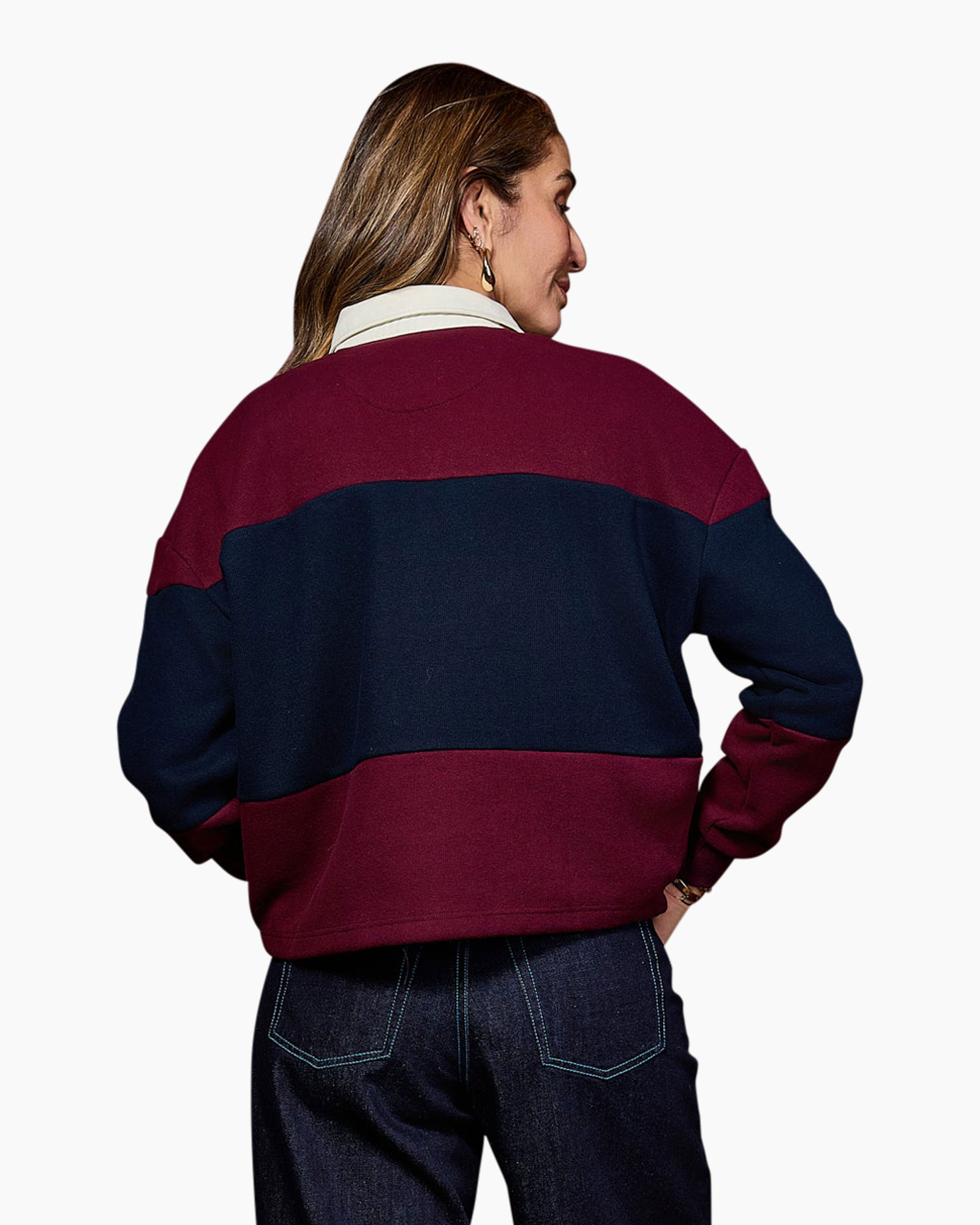 roltrui, kleurblok, bumskleur maroon, marineblauw, lange mouw