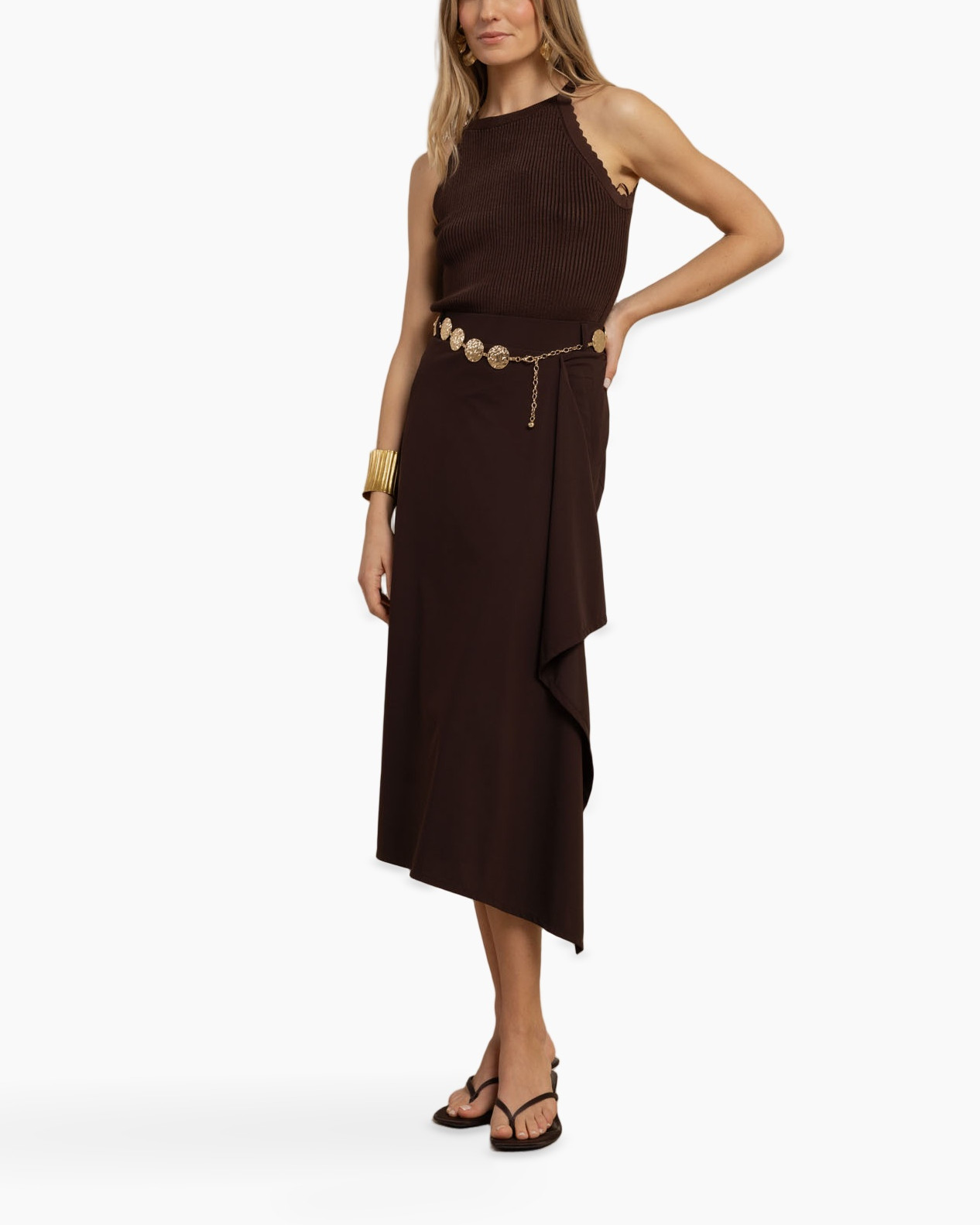 rok, wraprok, asymmetrische zoom, kraalriem, mouwloos top