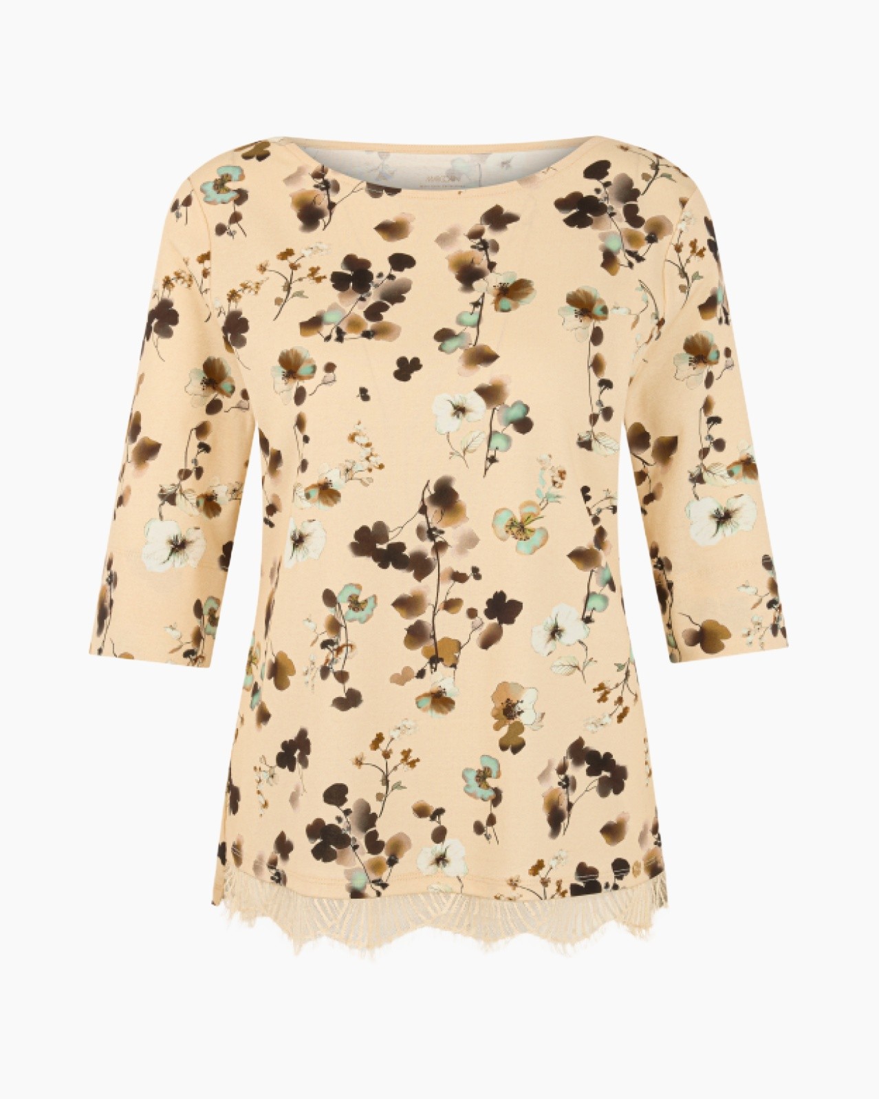 bloemen print top, beige blouse, lange mouwen, franje zoom, calico patroon