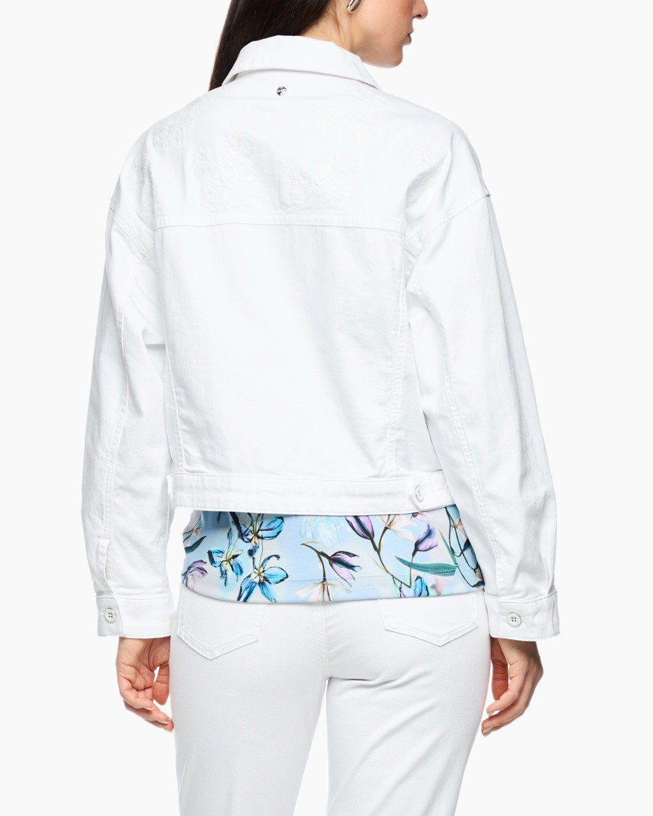 white denim jacket,  cropped jacket,  button front,  long sleeves,  pockets