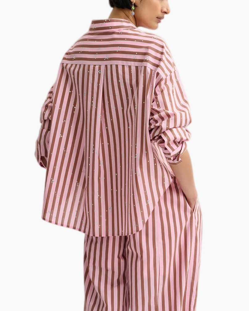 streepd blouse, roze shirt, lange mouw, knopen voor, casual set