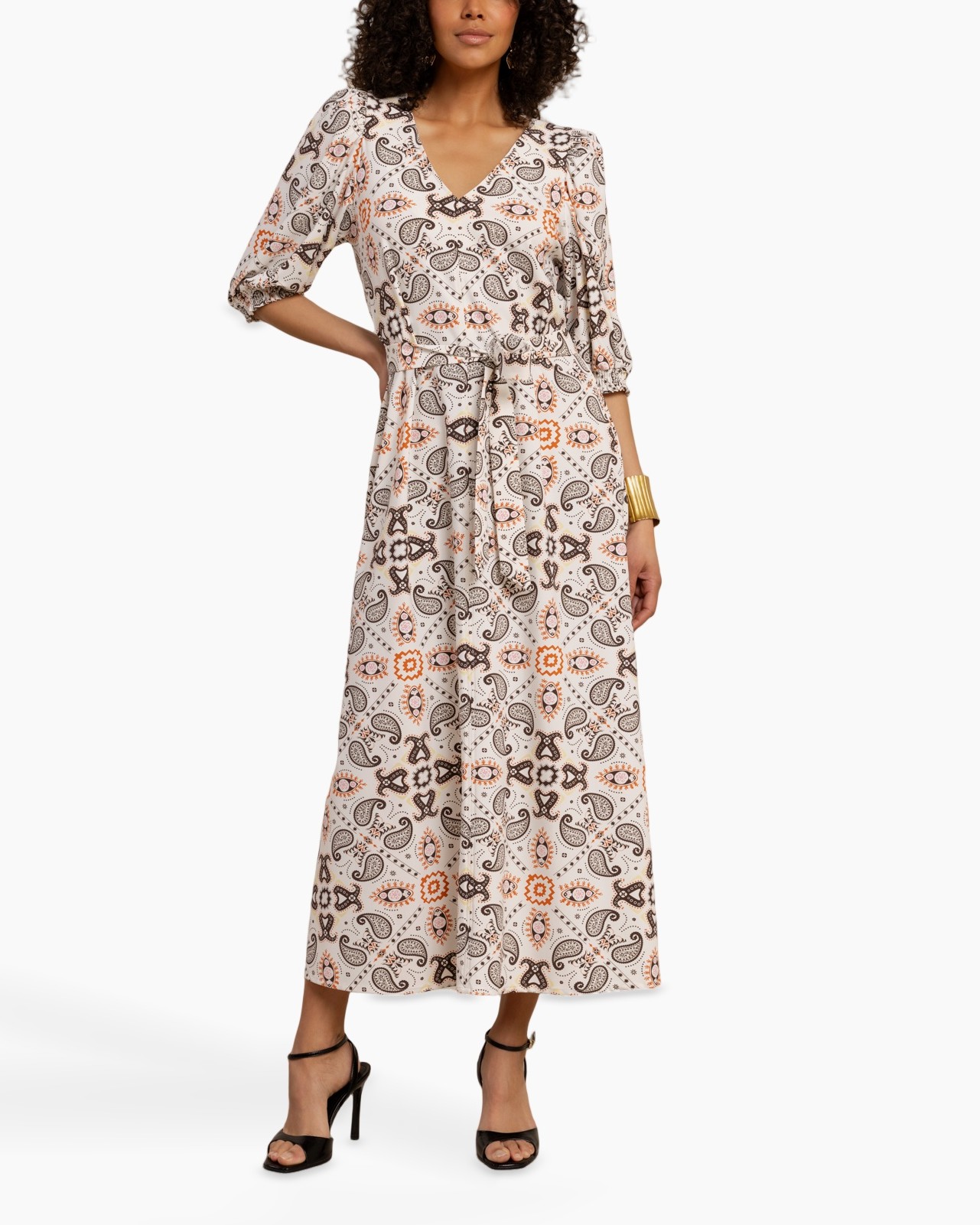 jurk, maxi, paisley, lange mouwen, riemslus