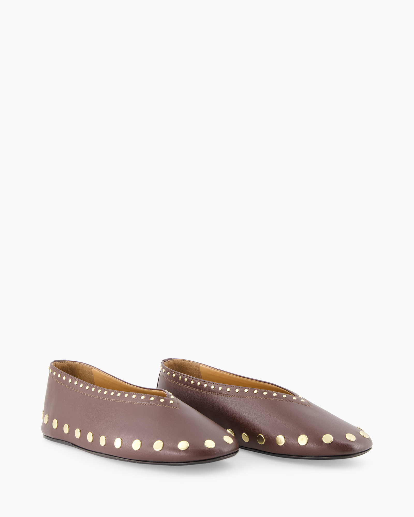 slip-on, baletvlier, bruin, studs, leer