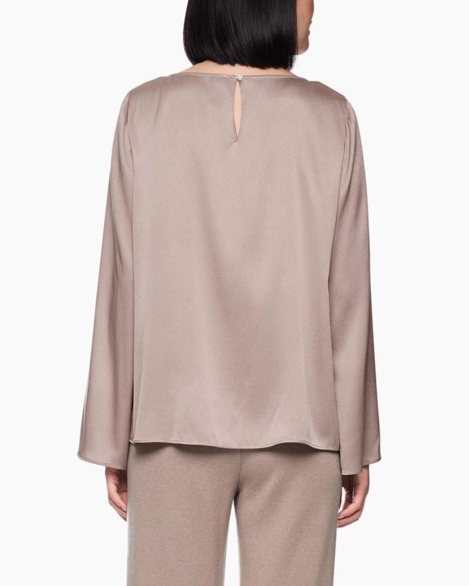 zijde, blouse, lange mouwen, zacht beige, eenvoudig stijl