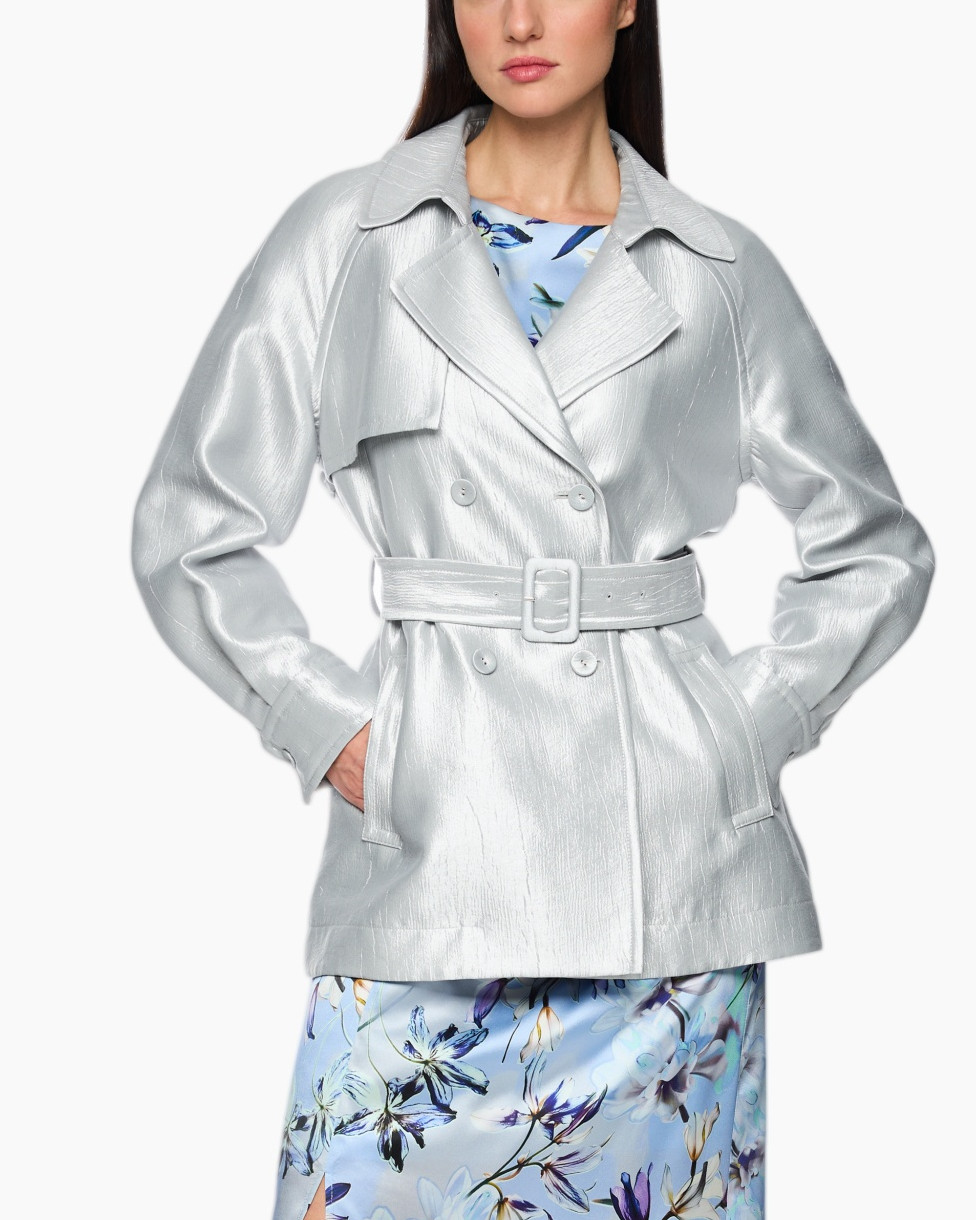 trench coat, belted, silver, long sleeves, collar