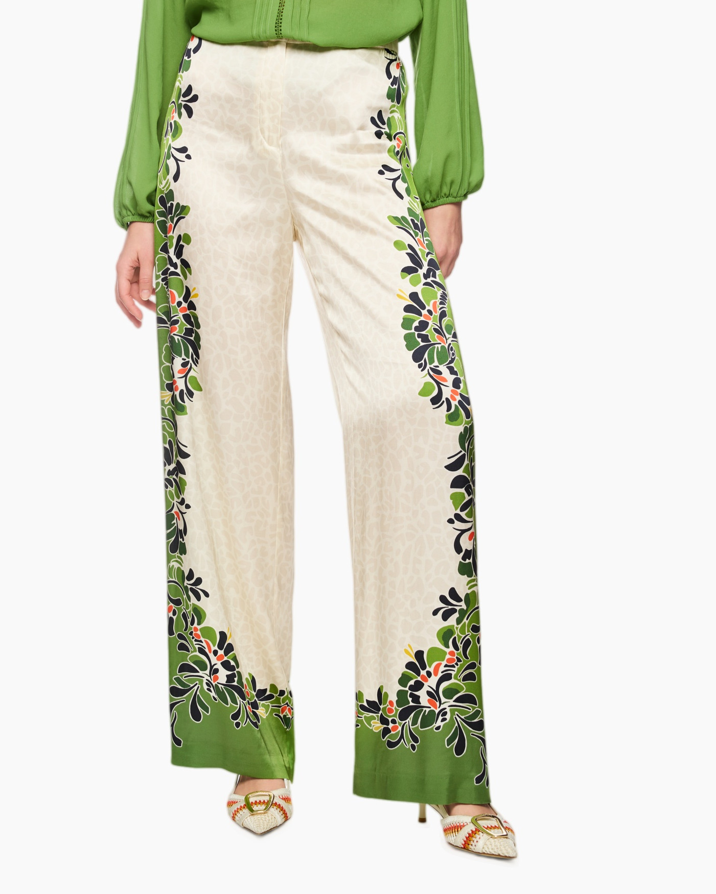 pants, wide-leg, print, beige, green
