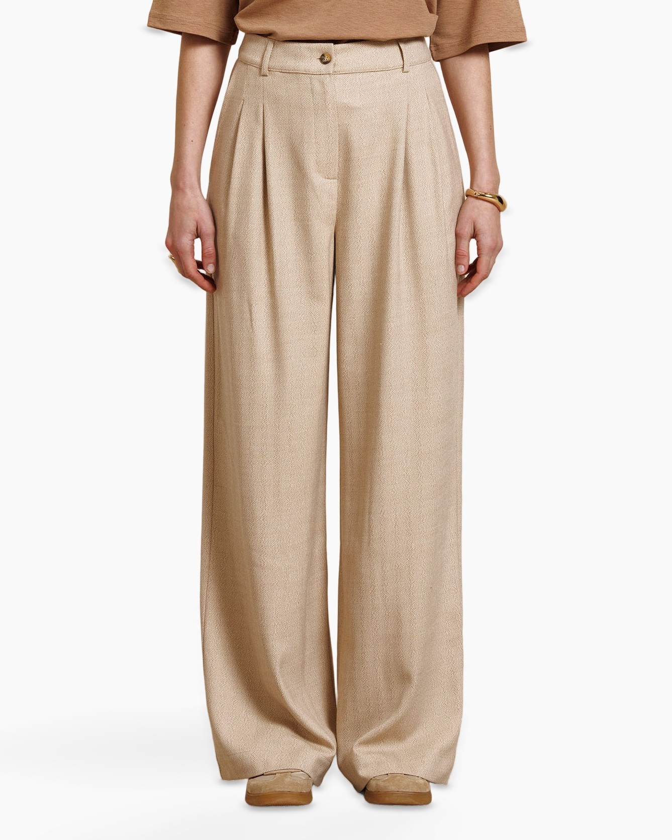 wijdte broek, broek, beige, plooien, linnenachtig
