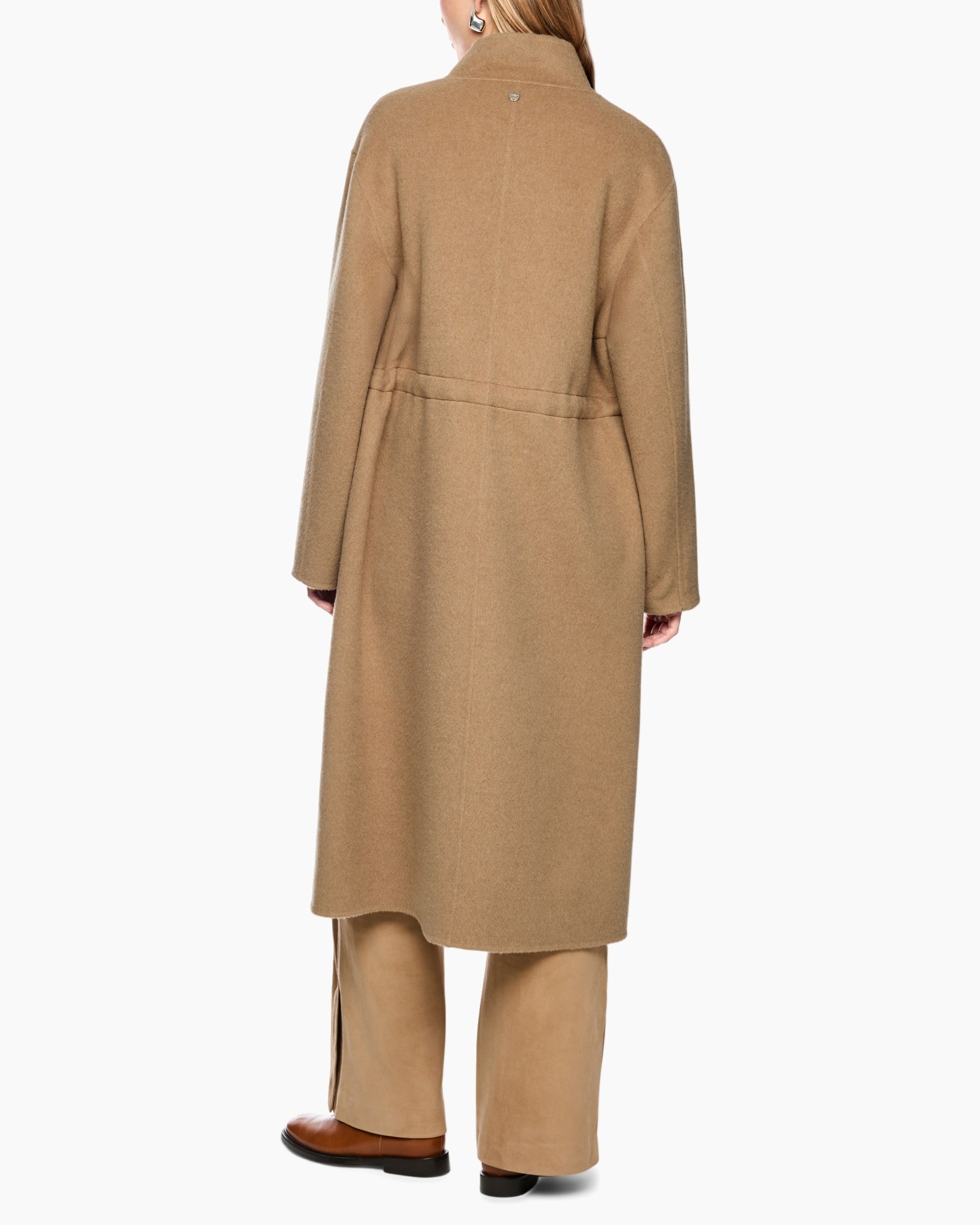 jas, camel, lang, sjaal, broeken