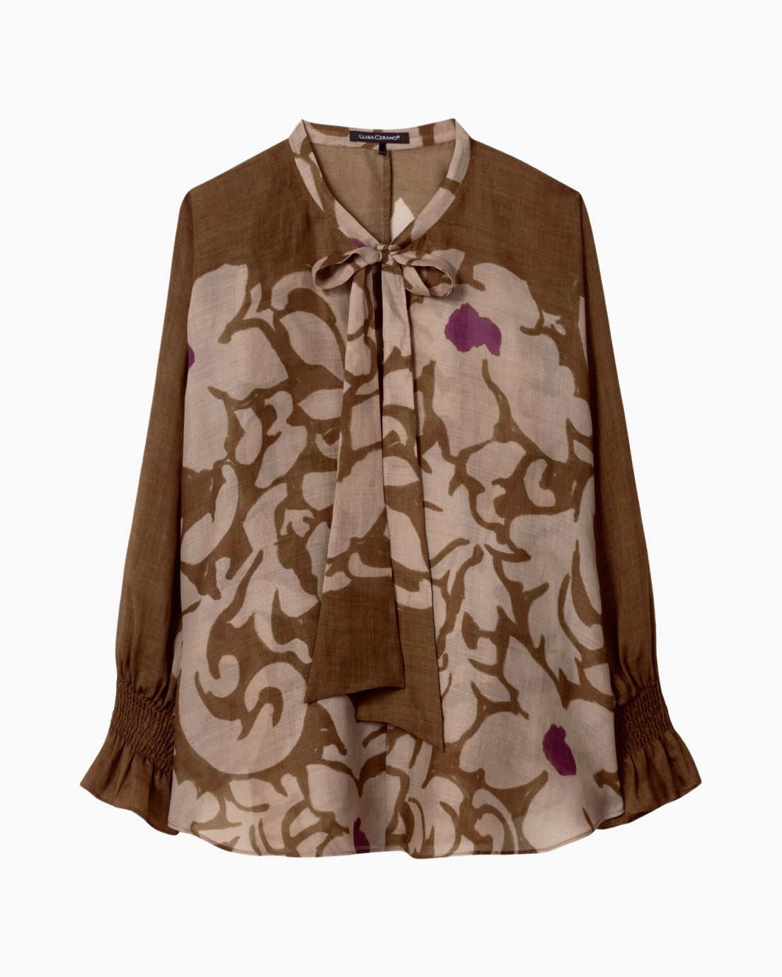 blouse, lange mouw, patroon, bruin, knoopsluiting/strik