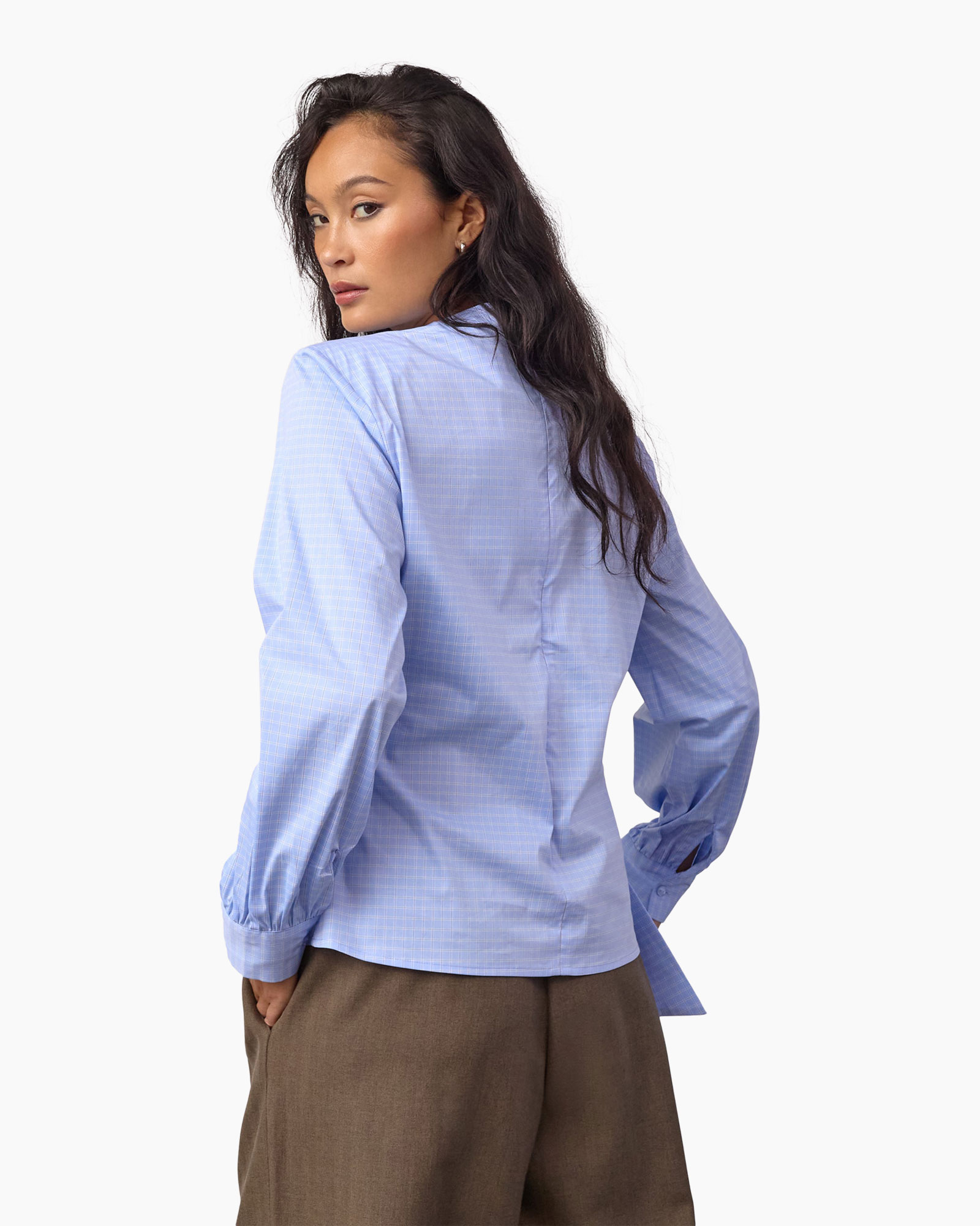 blouse, blouse wrap, lichtblauw, lange mouwen, riemceintuur