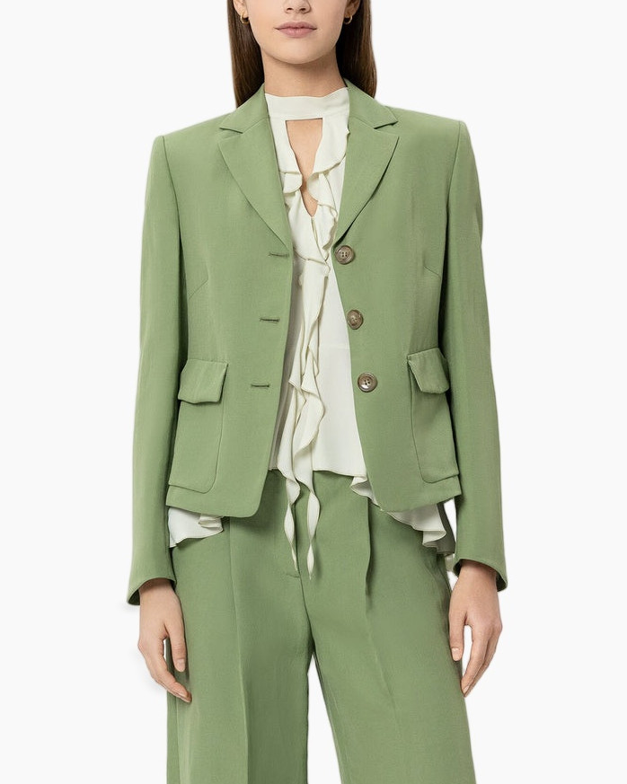 groene broekpak, blazer, notch-kraag, twee knopen, zakken