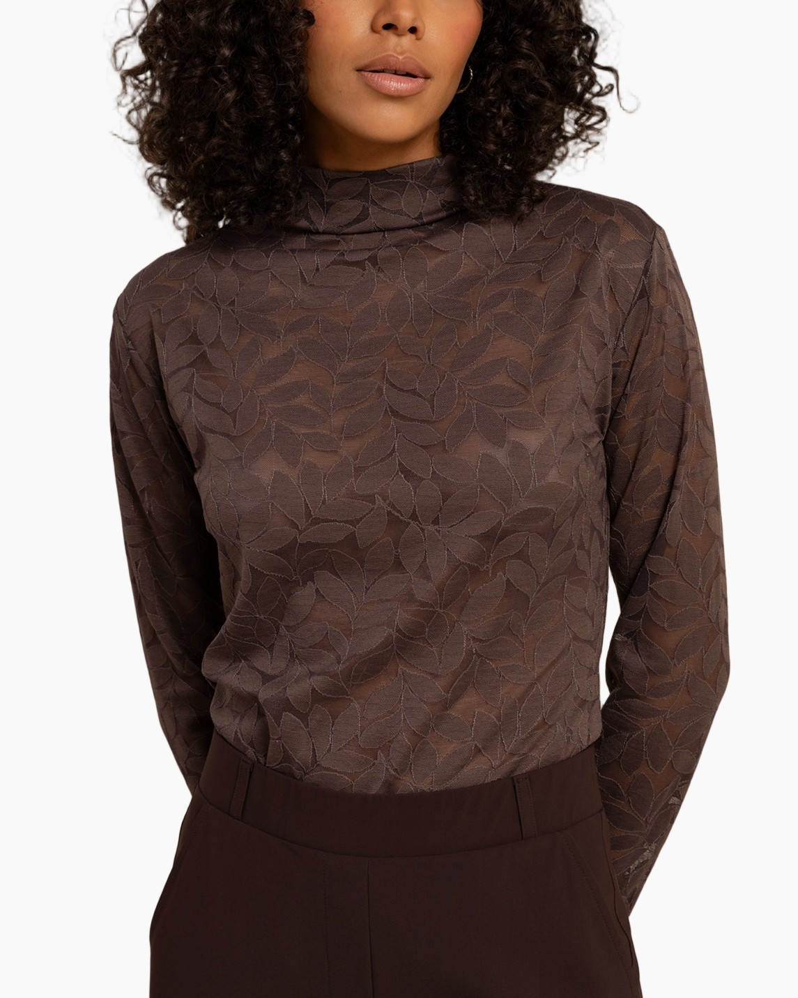 rolkraag, gebreide/lace patroon, bruin, lange mouwen, top