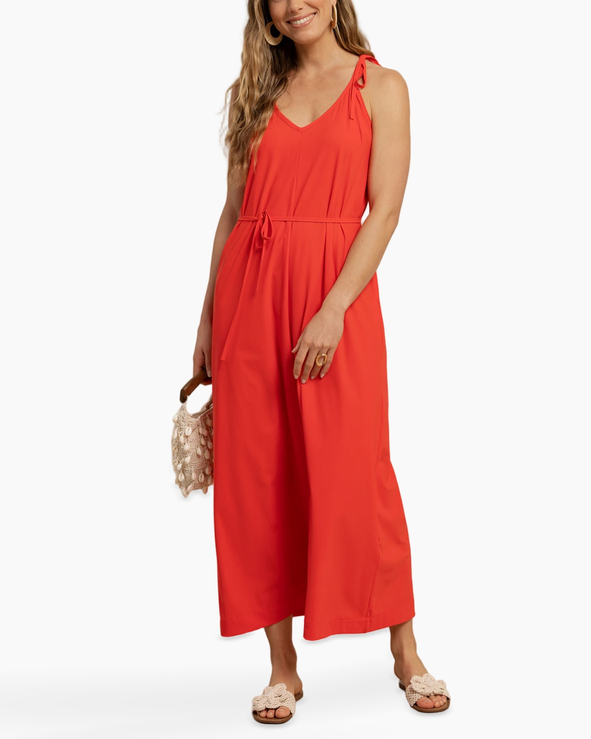 overalljurk, romper, wijde-pijpen, riempje, rood