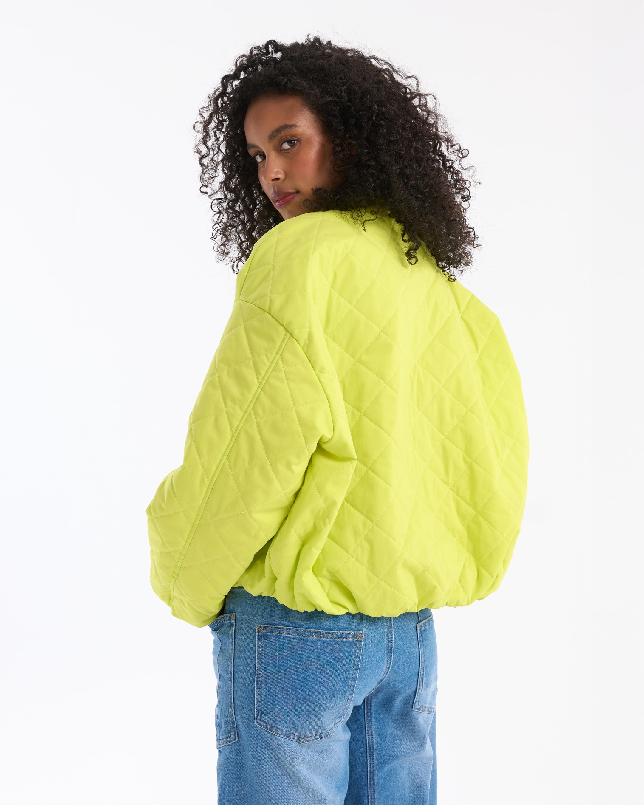 quilted jacket, neon green, puffer, oversized, back view
