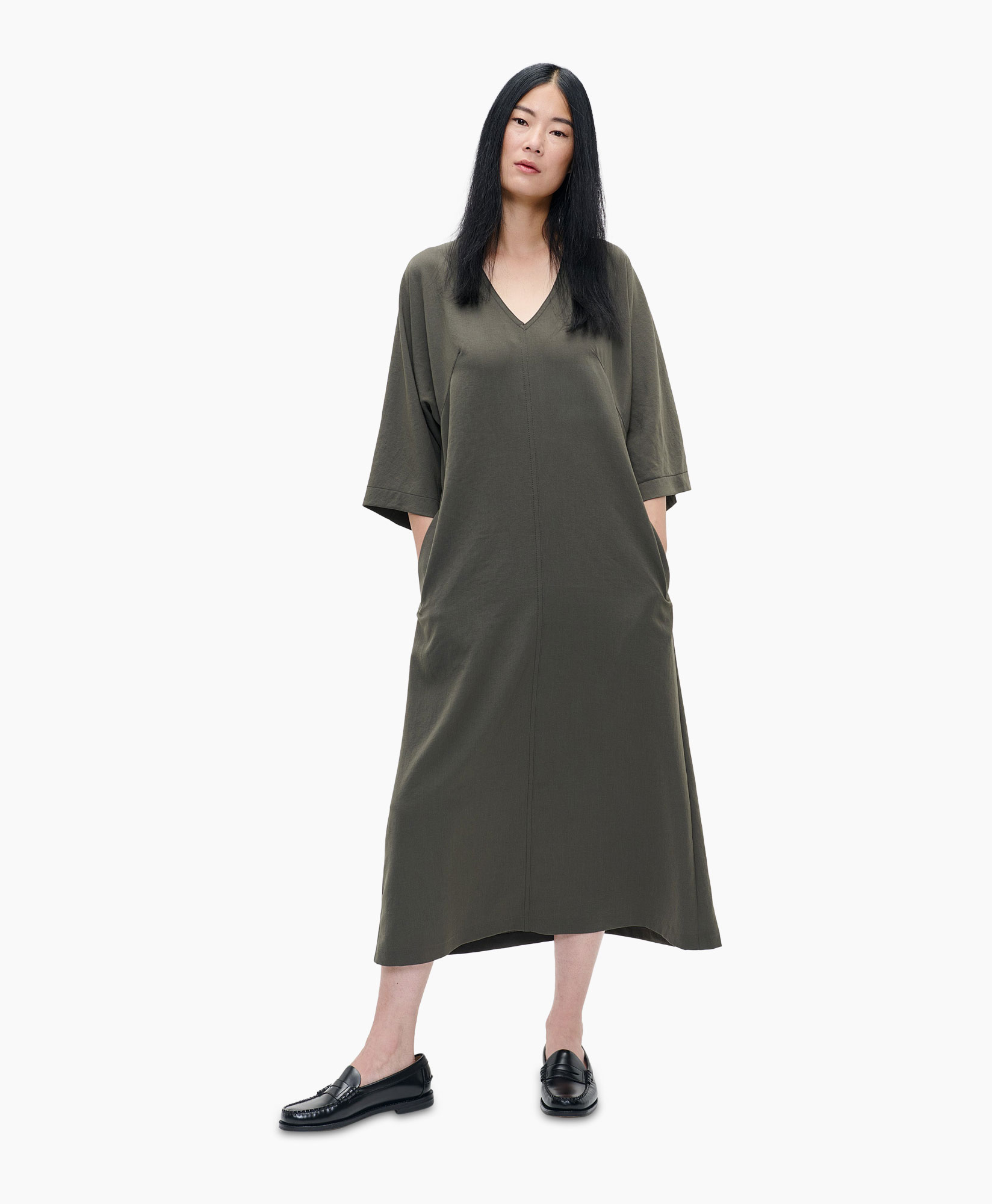 Midi Jurk Japanese Crepe V Neck Groen