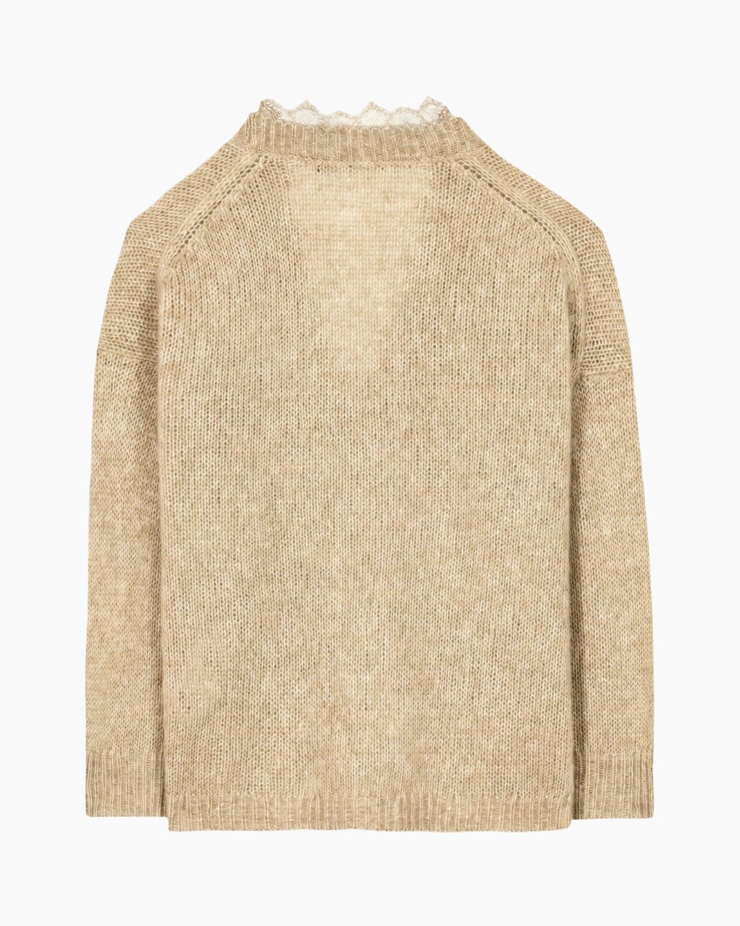 trui gebreid, beige, hals: rolkraag, dikke brei, romige structuur